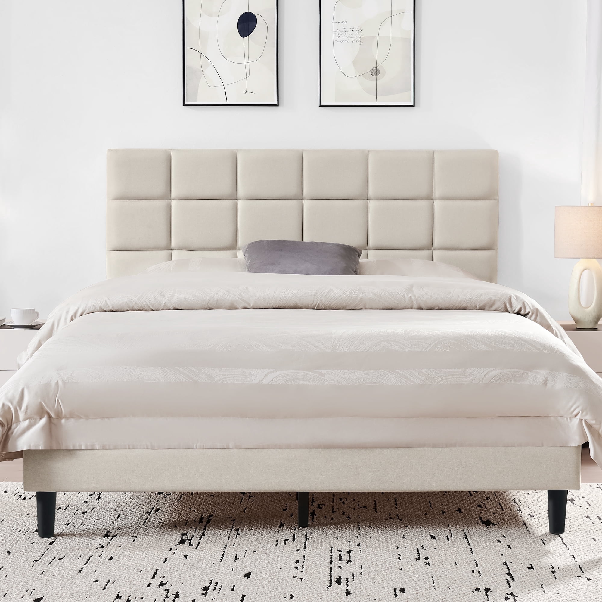 Sailvan Full Size Bed Frame with Headboard, Upholstered Bed Frame Full , Full Wood Slats Bed Frame, With 1000LBS, Height Adjustable, No-Noise, Easy to Assemble, Beige White