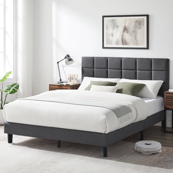 Sailvan Full Size Bed Frame with Headboard, Upholstered Bed Frame Full , Full Wood Slats Bed Frame, With 1000LBS, Height Adjustable, No-Noise, Easy to Assemble, Gray Black
