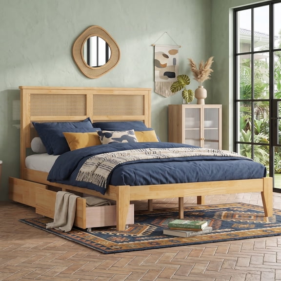 Sailvan Full Size Bed with Rattan Headboard, 2 Drawers, Rubber Wood Bed with Support Slats and Feet