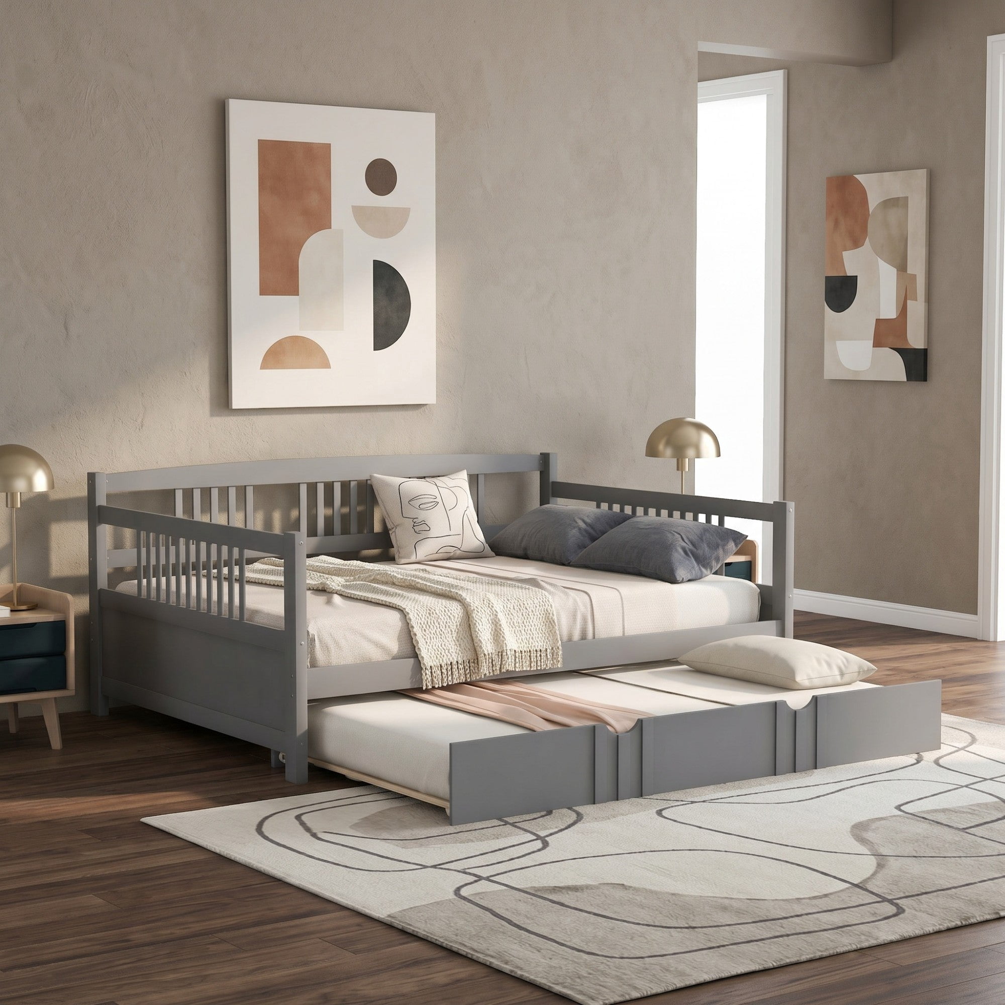 Sailvan Full Size Daybed Wood Bed with Twin Size Trundle