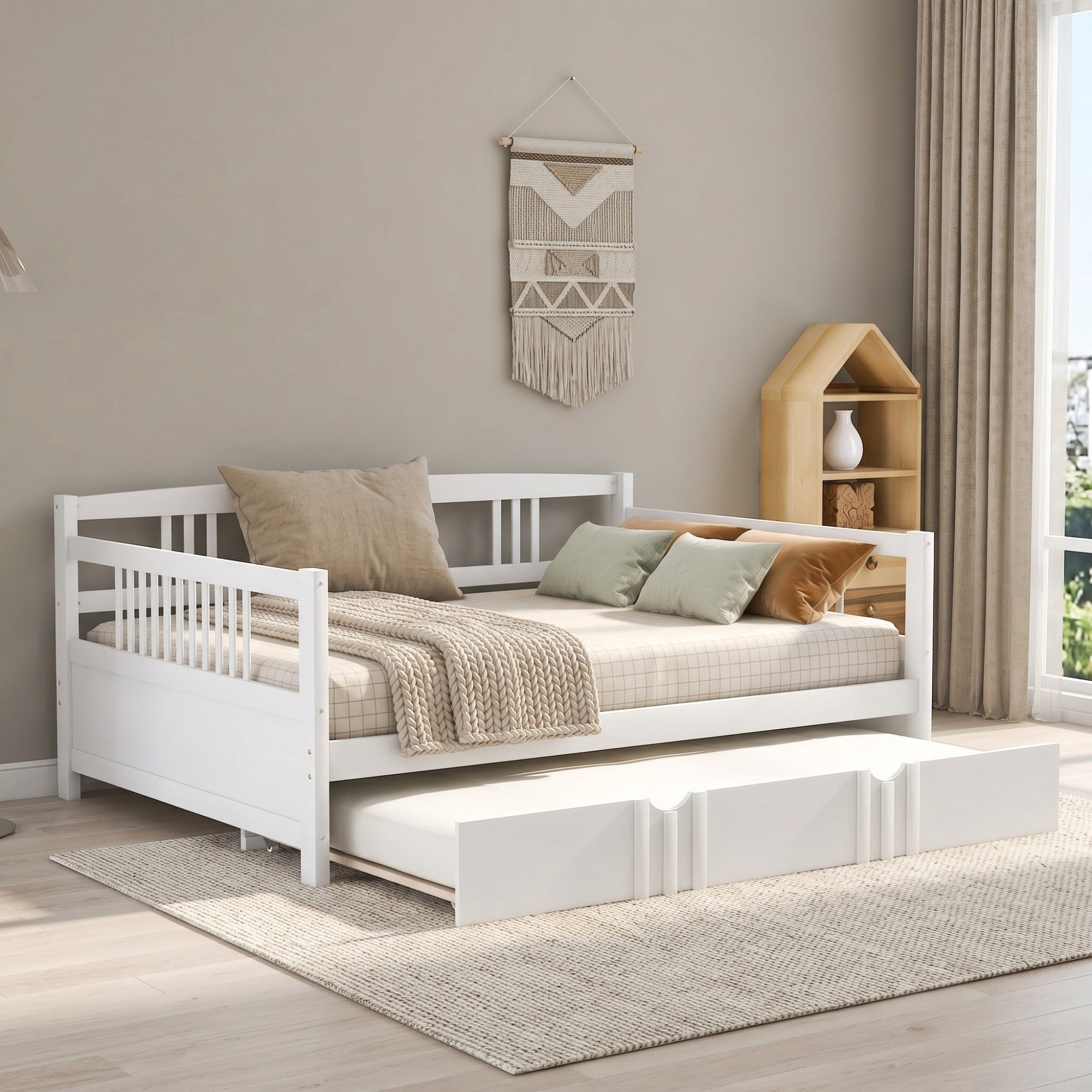 Sailvan Full Size Daybed Wood Bed with Twin Size Trundle