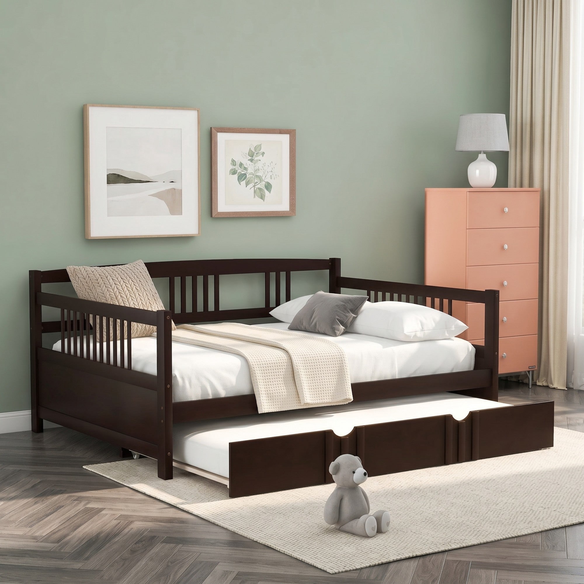 Sailvan Full Size Daybed Wood Bed with Twin Size Trundle