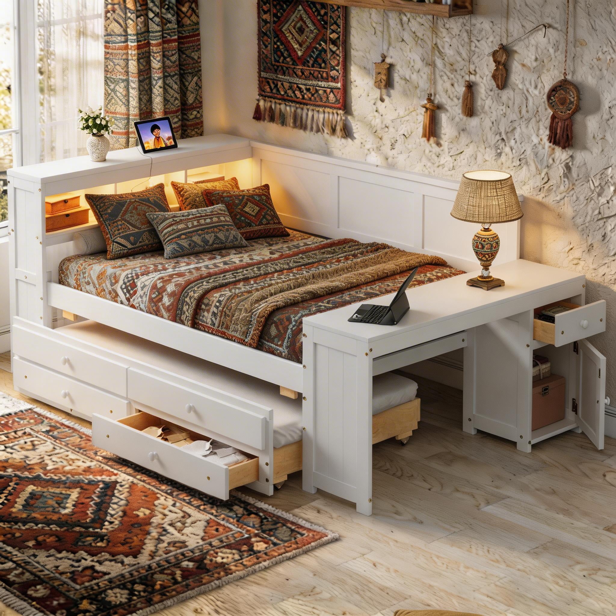 Sailvan Full Size Daybed with Storage Drawers, Trundle and Built-in Desk White