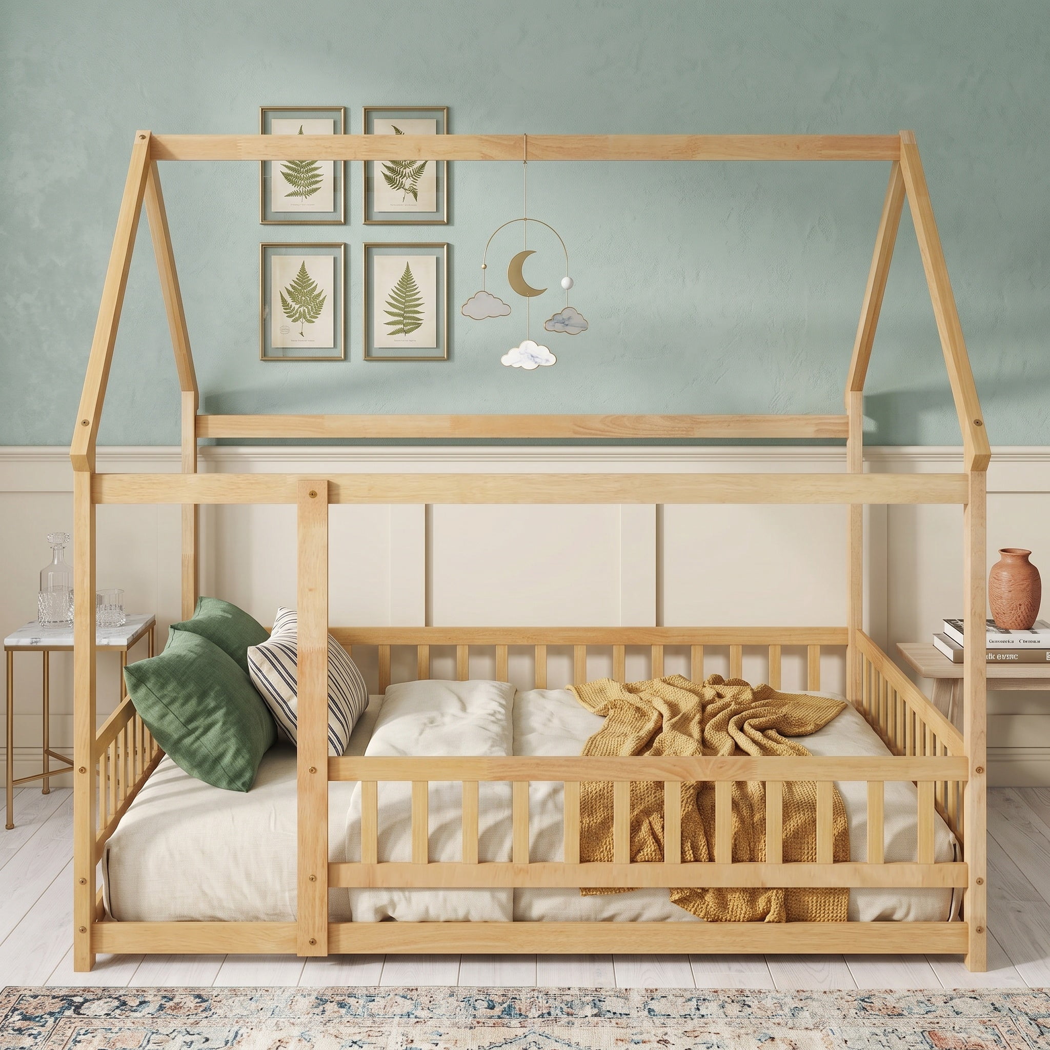 Sailvan Full Size House Floor Wooden Bed with Roof Frame, Safety Guardrails