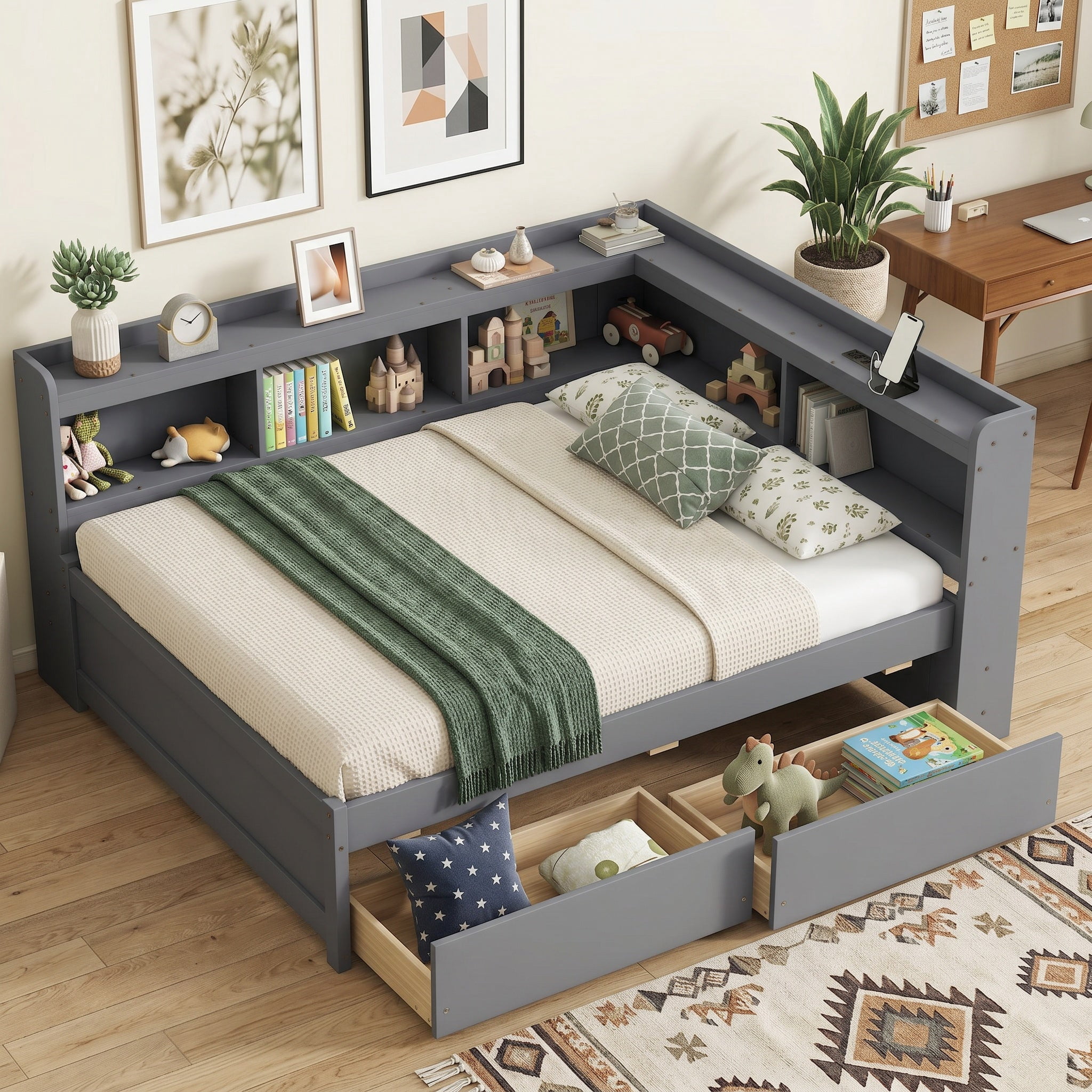 Sailvan Full Size L-shaped Bookcases Bed with Power Outlets, USB Charging Ports,Two Drawers