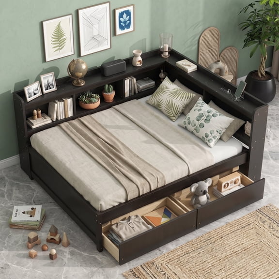 Sailvan Full Size L-shaped Bookcases Bed with Power Outlets, USB Charging Ports,Two Drawers