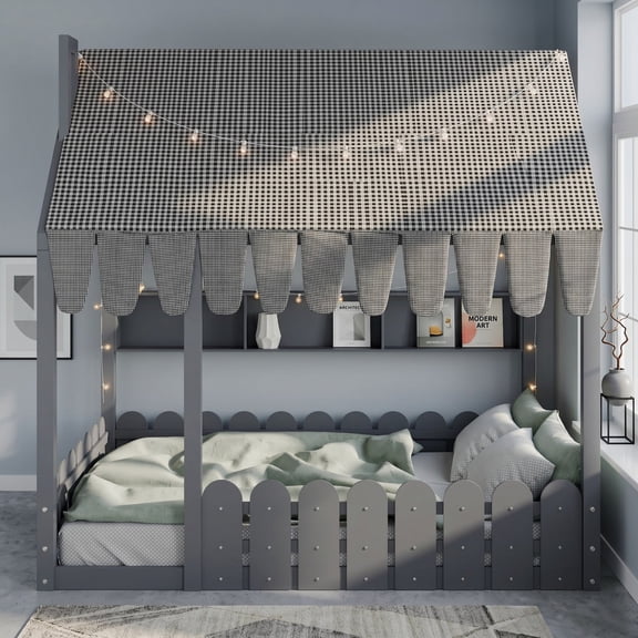Sailvan Full Size Montessori House Bed for Kids, Floor Bed with Fence Railings, Slats not included