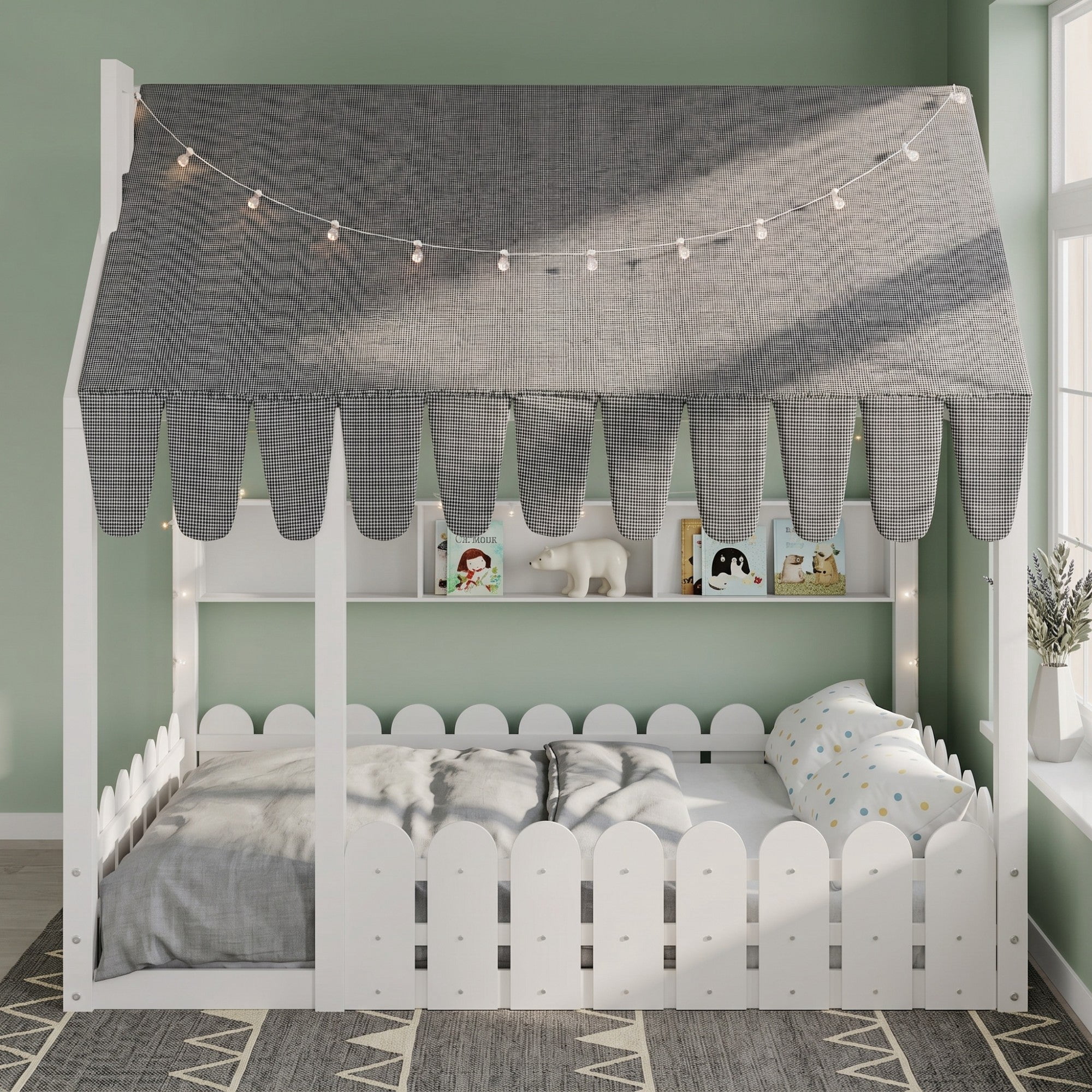Sailvan Full Size Montessori House Bed for Kids, Floor Bed with Fence Railings, Slats not included