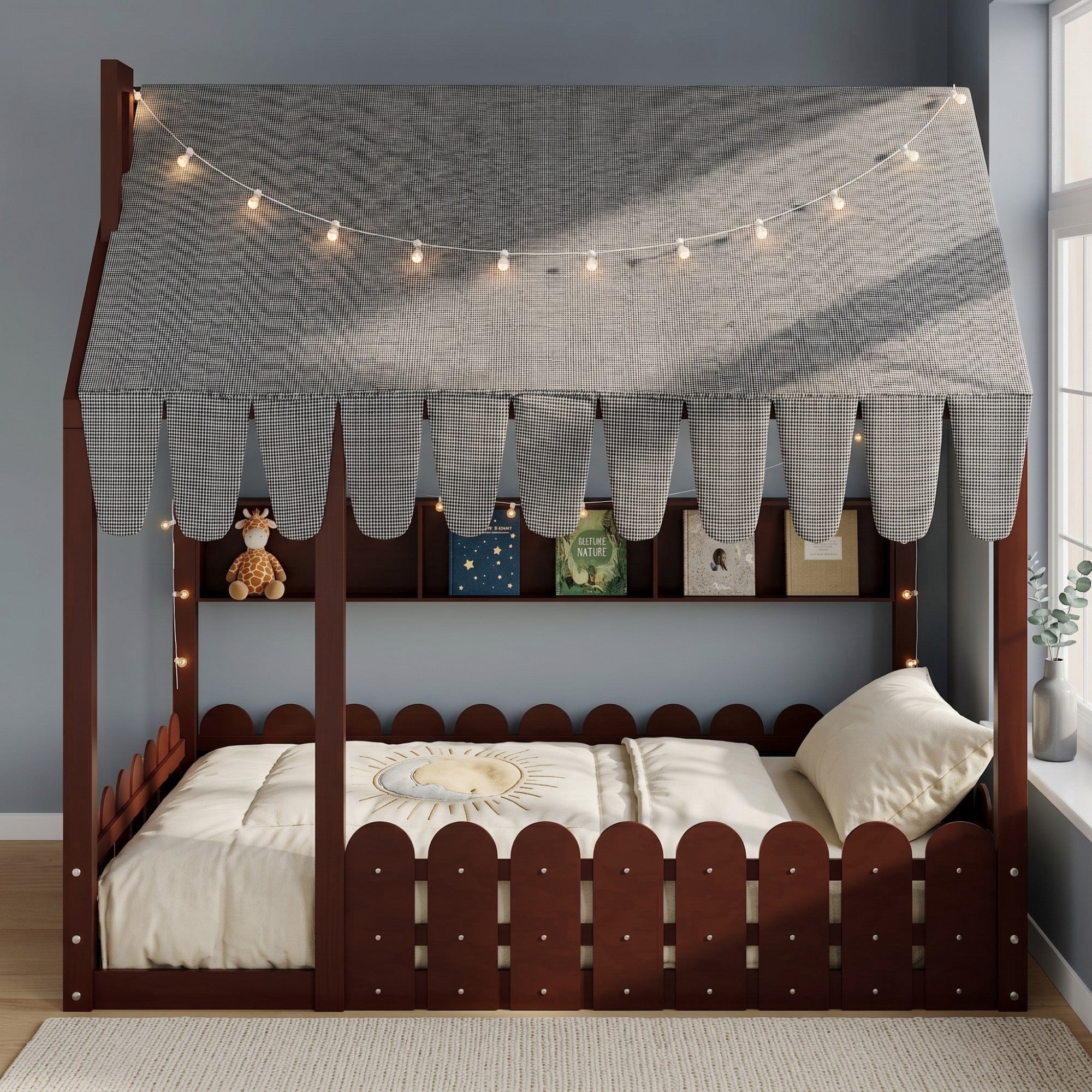 Sailvan Full Size Montessori House Bed for Kids, Floor Bed with Fence Railings, Slats not included