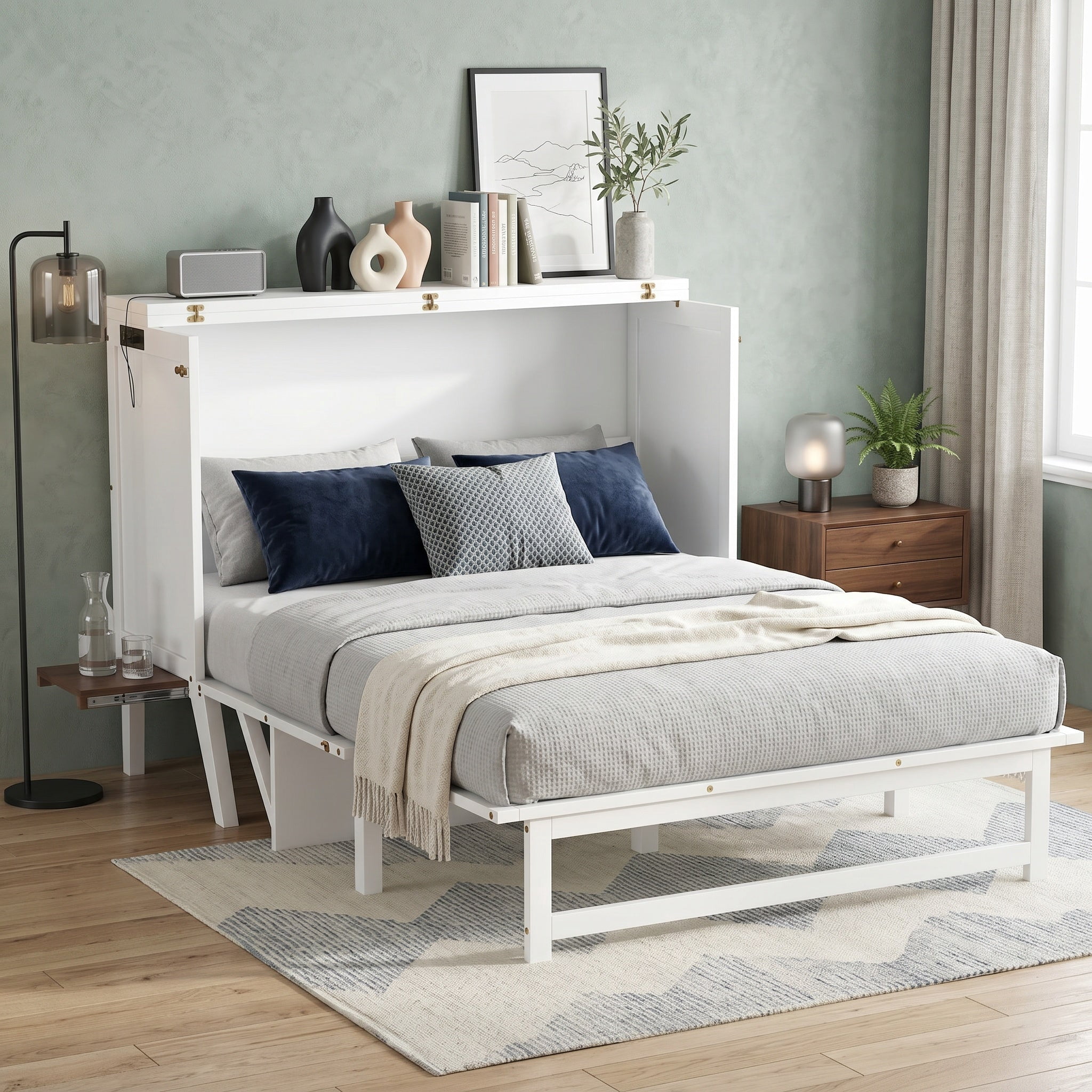Sailvan Full Size Murphy Bed with USB Port Shelves on Each Side, Solid Pine Murphy Cabinet Bed