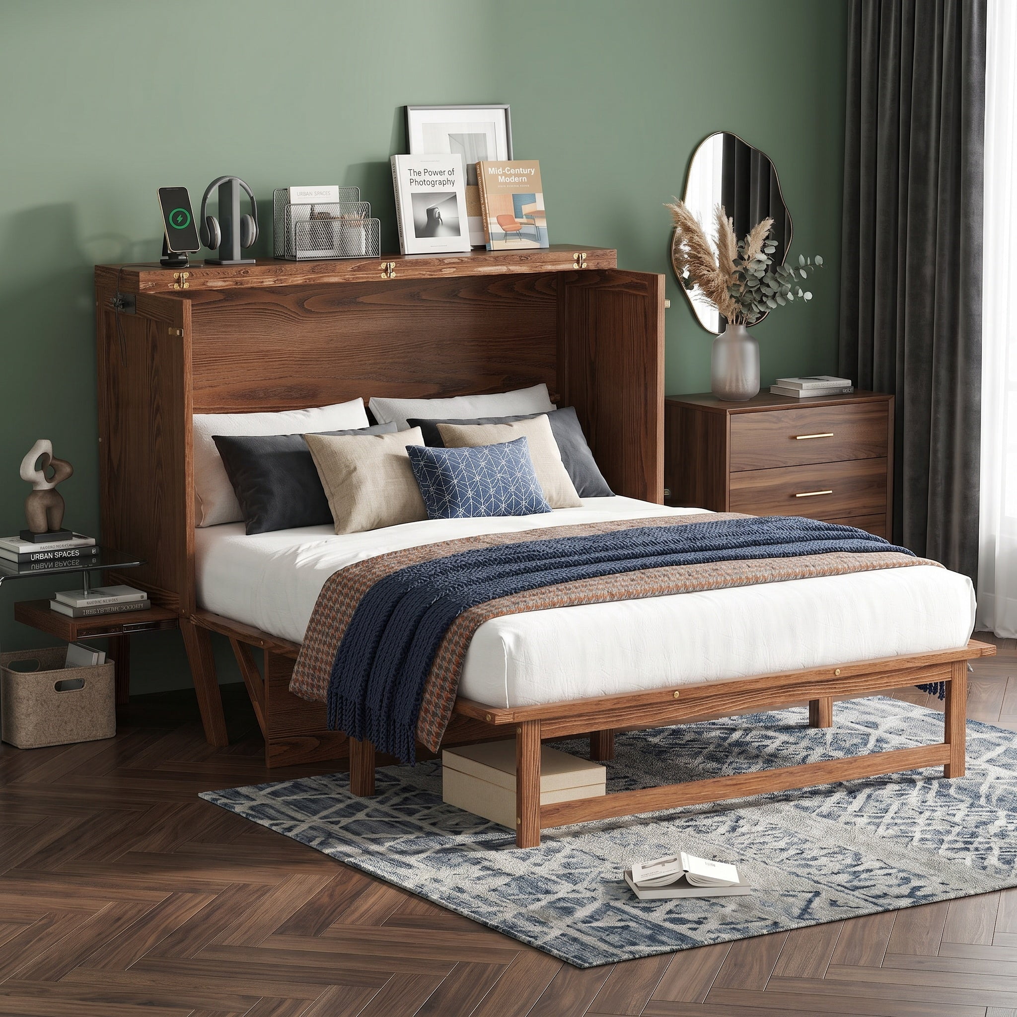 Sailvan Full Size Murphy Bed with USB Port Shelves on Each Side, Solid Pine Murphy Cabinet Bed