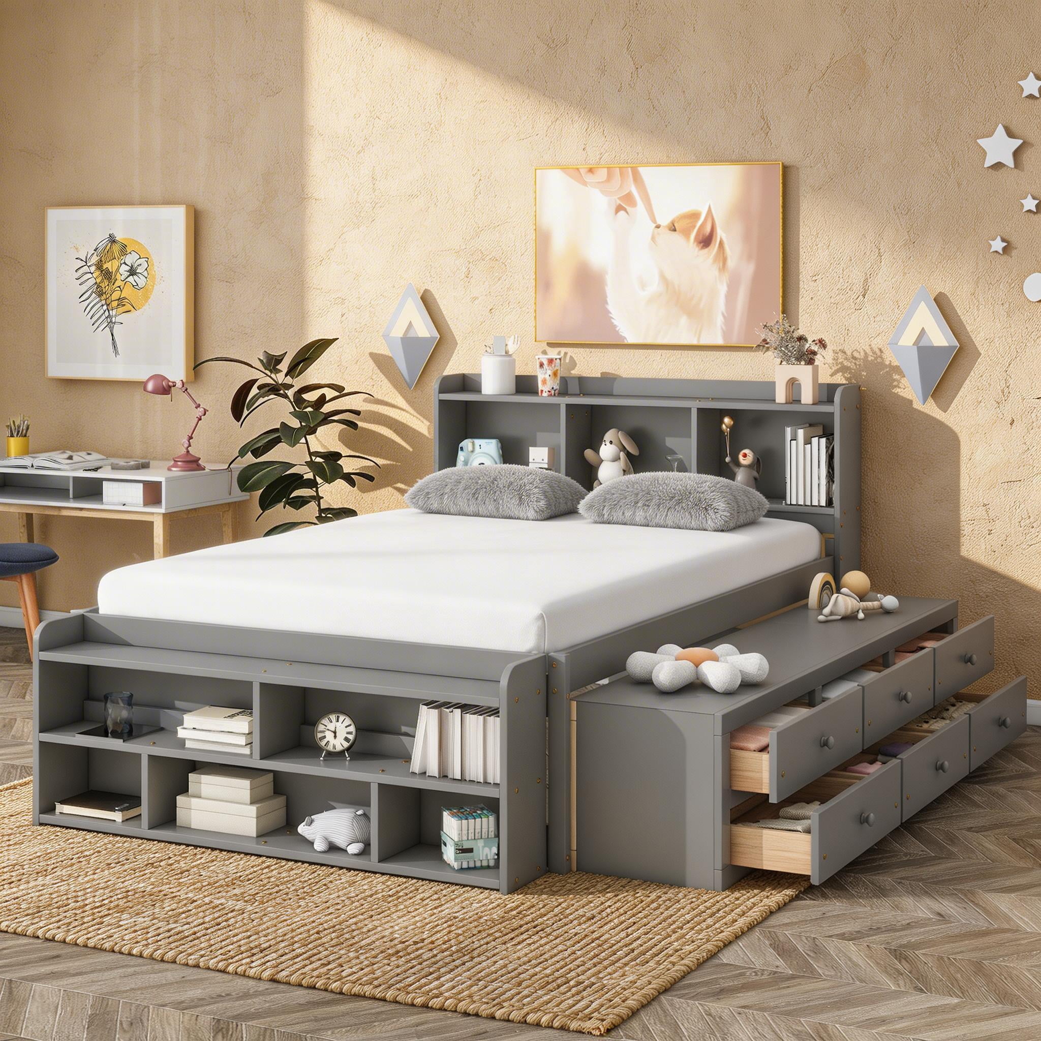 Sailvan Full Size Platform Bed Frame with Bookcase Headboard, 6 Storage Drawers and Bed End Case Grey