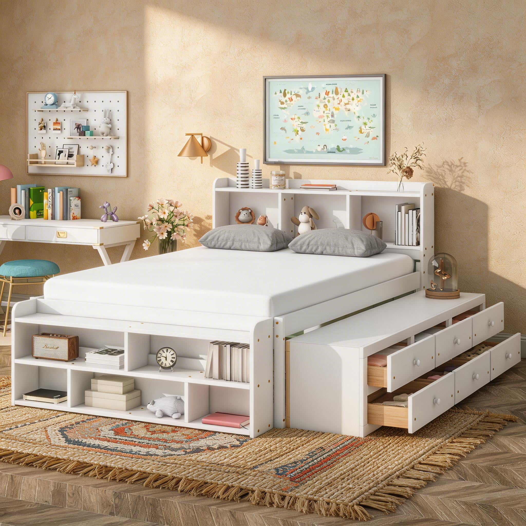 Sailvan Full Size Platform Bed Frame with Bookcase Headboard, 6 Storage Drawers and Bed End Case White