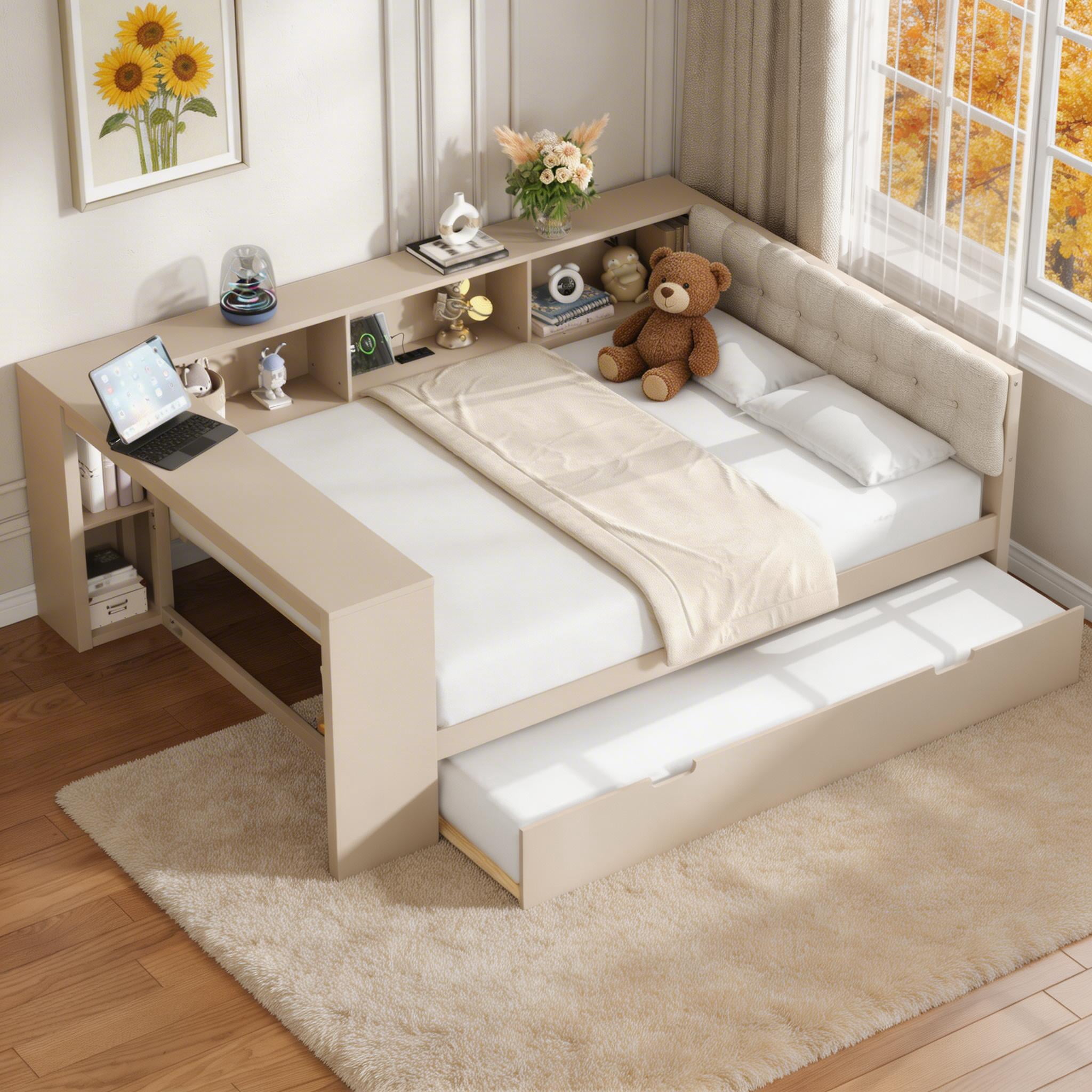 Sailvan Full Size Platform Bed Frame with Storage,Trundle and Headboard Cream