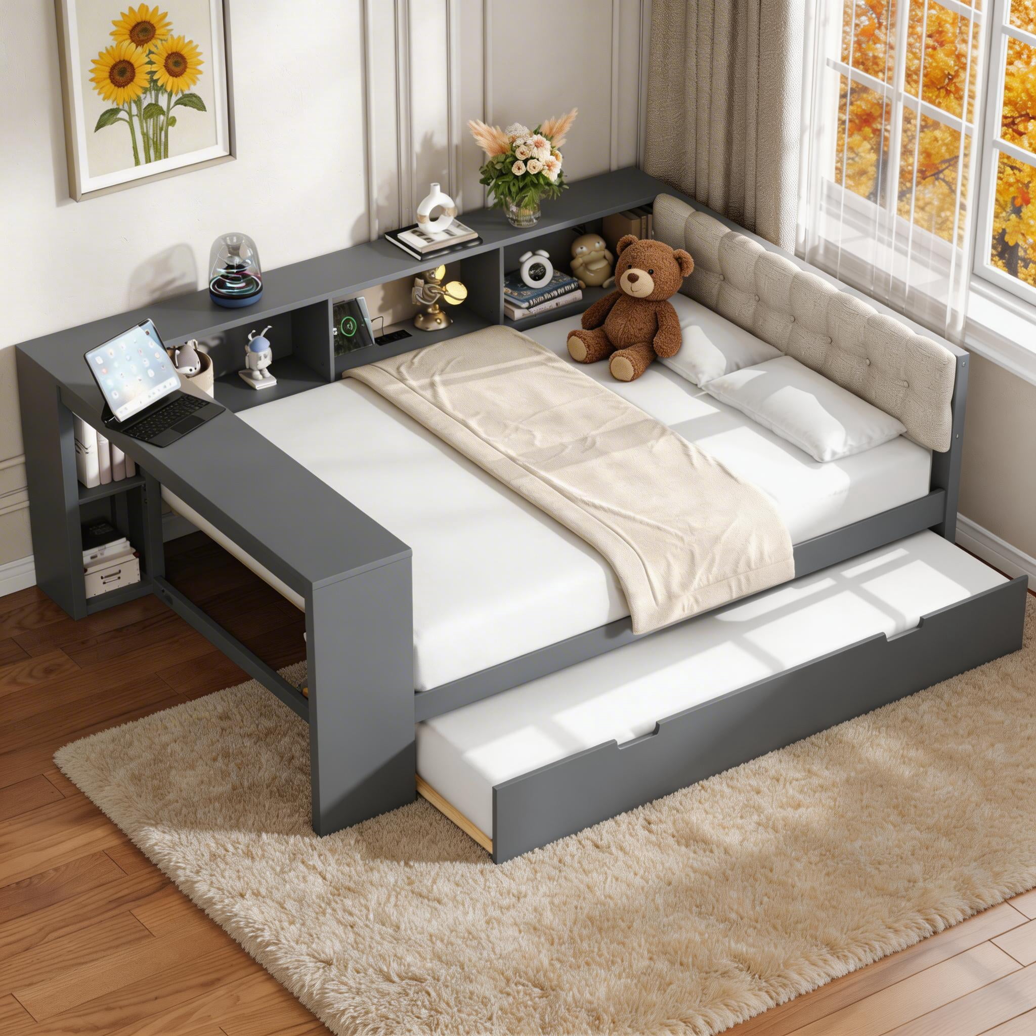 Sailvan Full Size Platform Bed Frame with Storage,Trundle and Headboard Gray