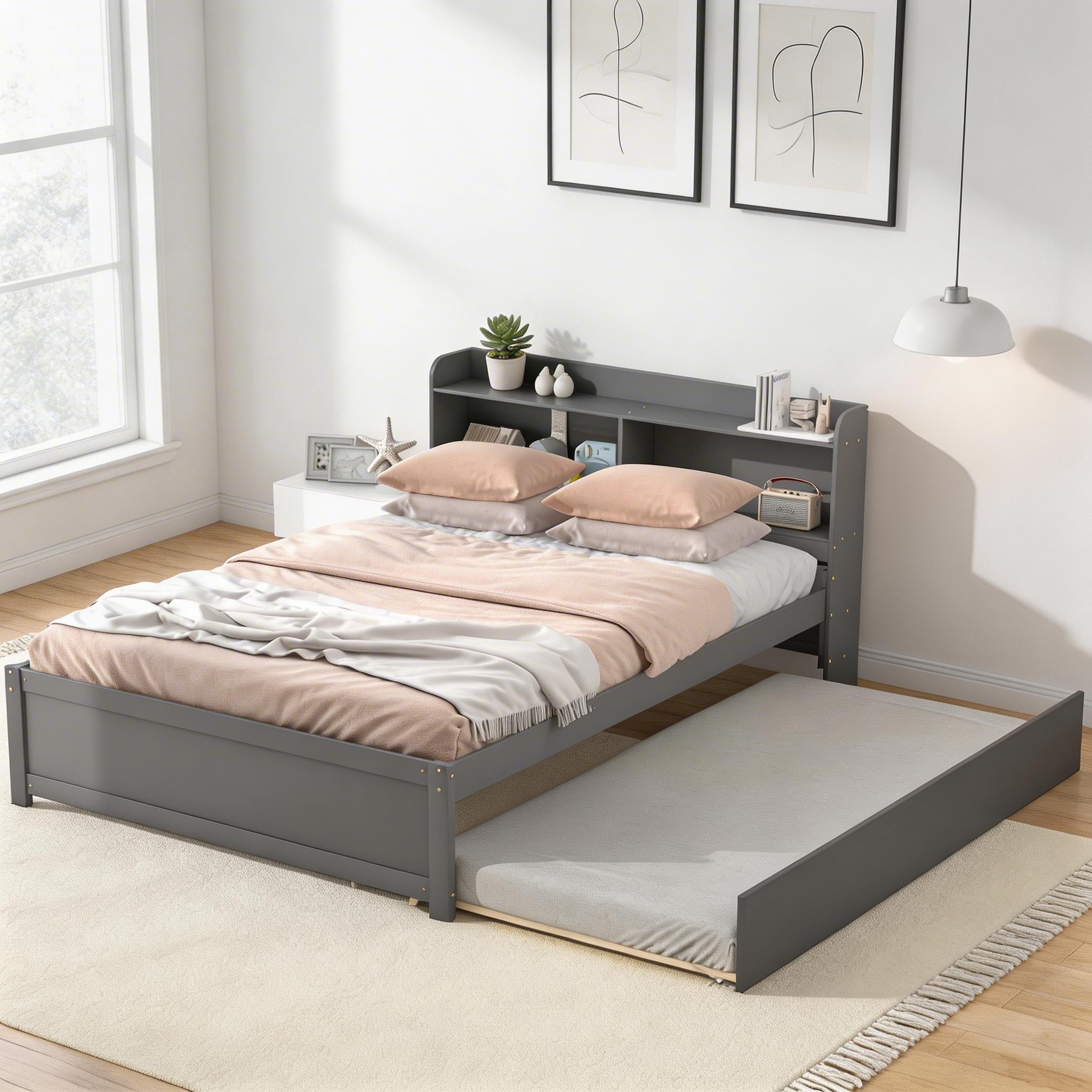 Sailvan Full Size Platform Bed with Trundle and Storage Bookcase Headboard, Solid Pine Wood Grey