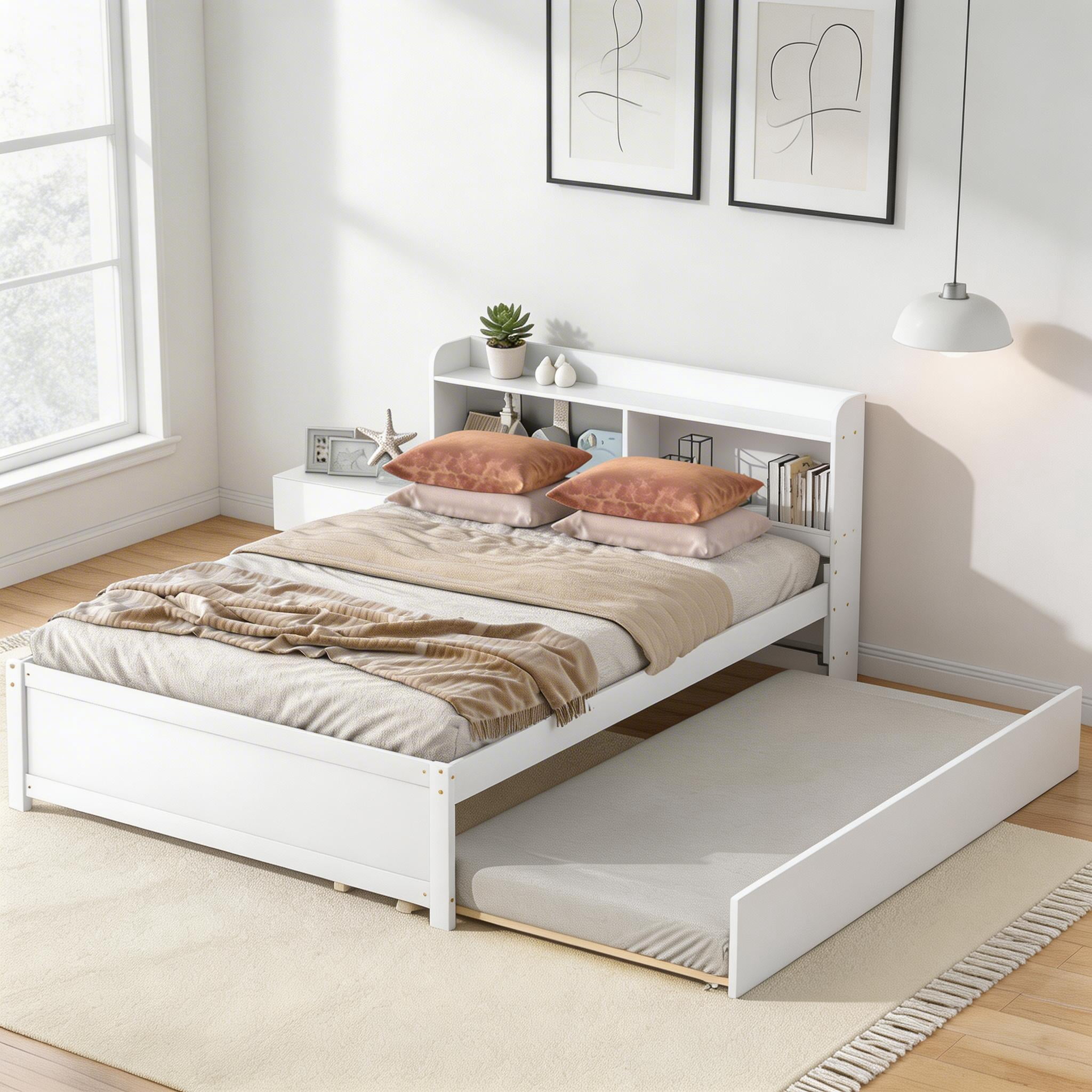 Sailvan Full Size Platform Bed with Trundle and Storage Bookcase Headboard, Solid Pine Wood White