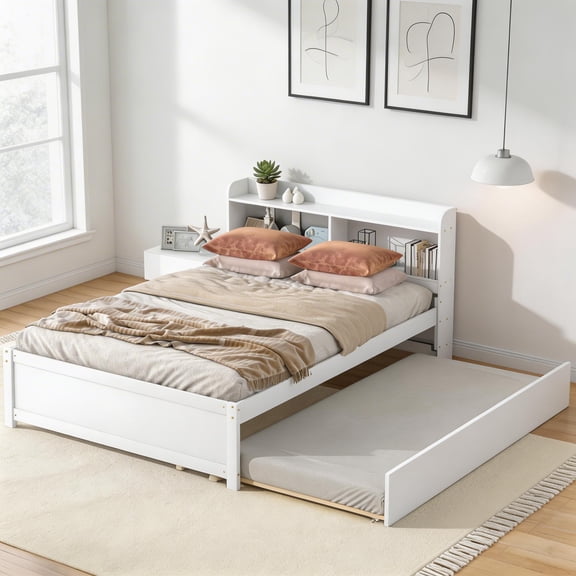 Sailvan Full Size Platform Bed with Trundle and Storage Bookcase Headboard, Solid Pine Wood White
