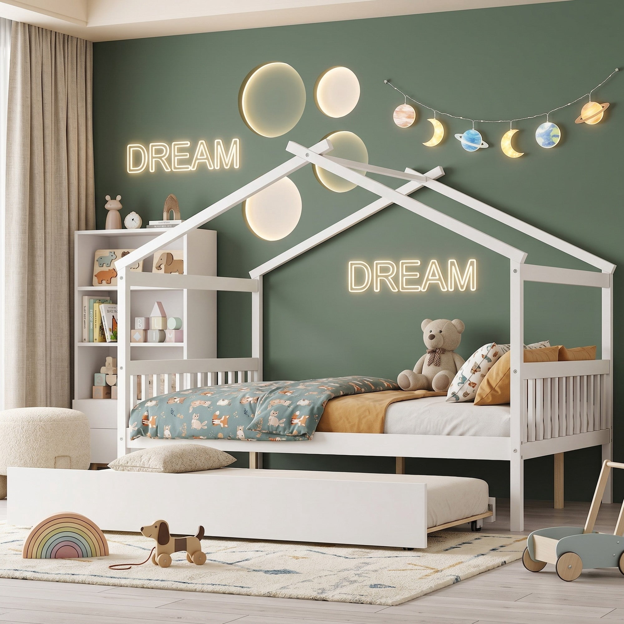 Sailvan Full Size Wooden House Bed with Twin Size Trundle