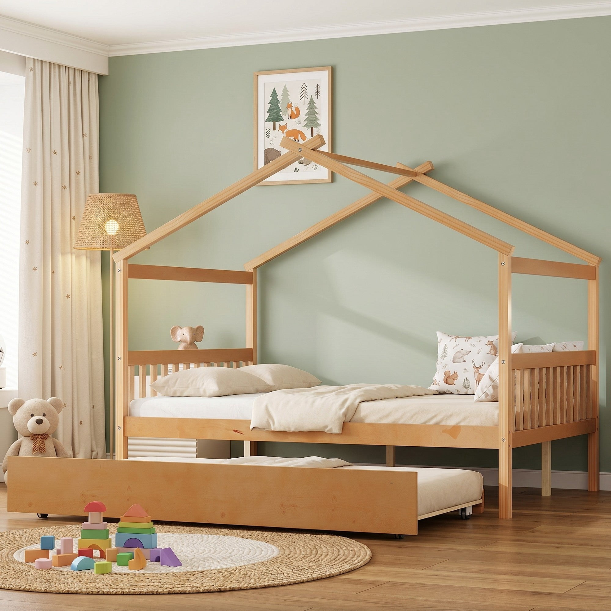 Sailvan Full Size Wooden House Bed with Twin Size Trundle