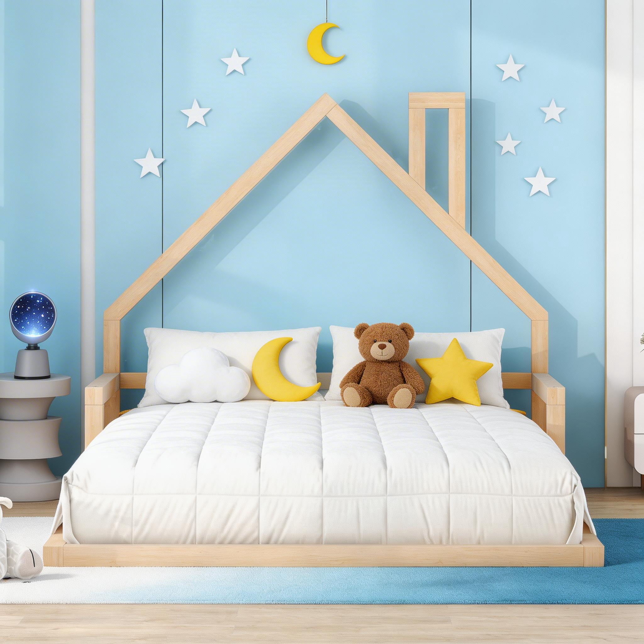 Sailvan Full Wood Floor Bed Frame with House-Shaped Headboard and Chimney Natural