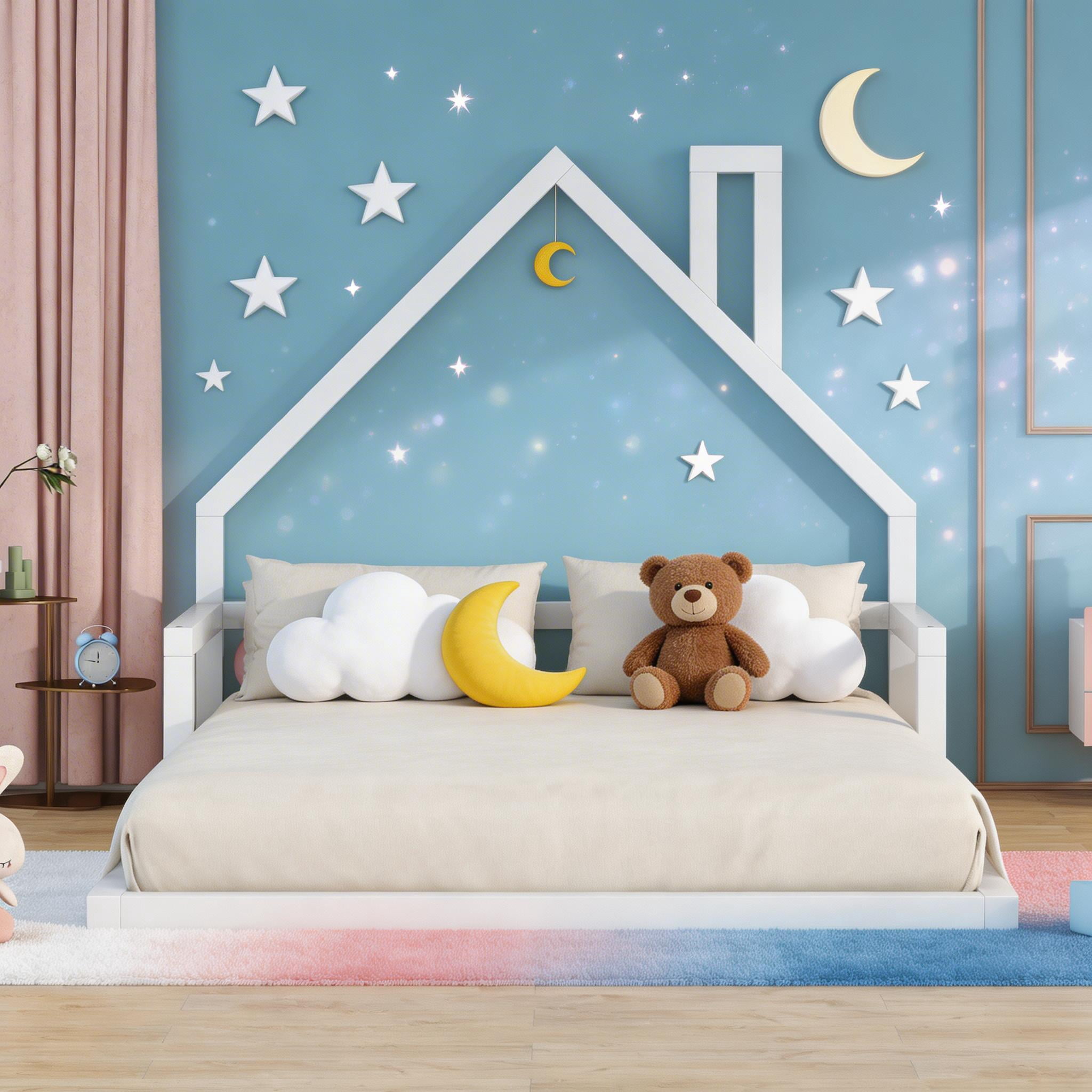 Sailvan Full Wood Floor Bed Frame with House-Shaped Headboard and Chimney White