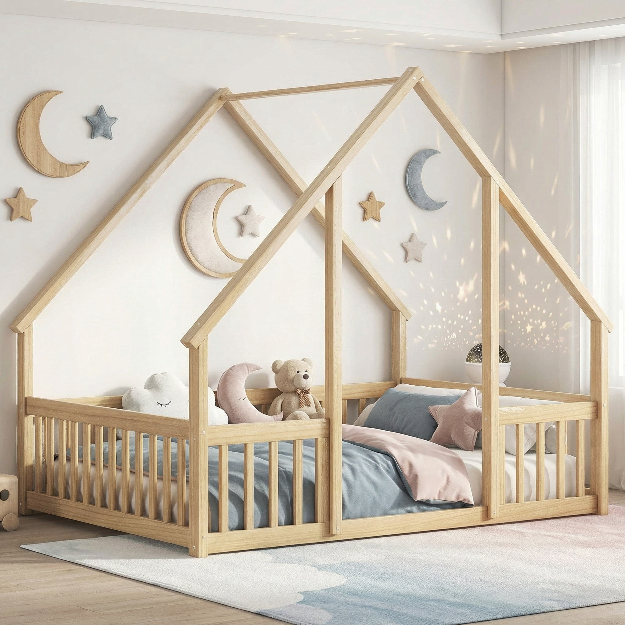 Sailvan Full Wood House-Shaped Floor Bed with Fence, Guardrails