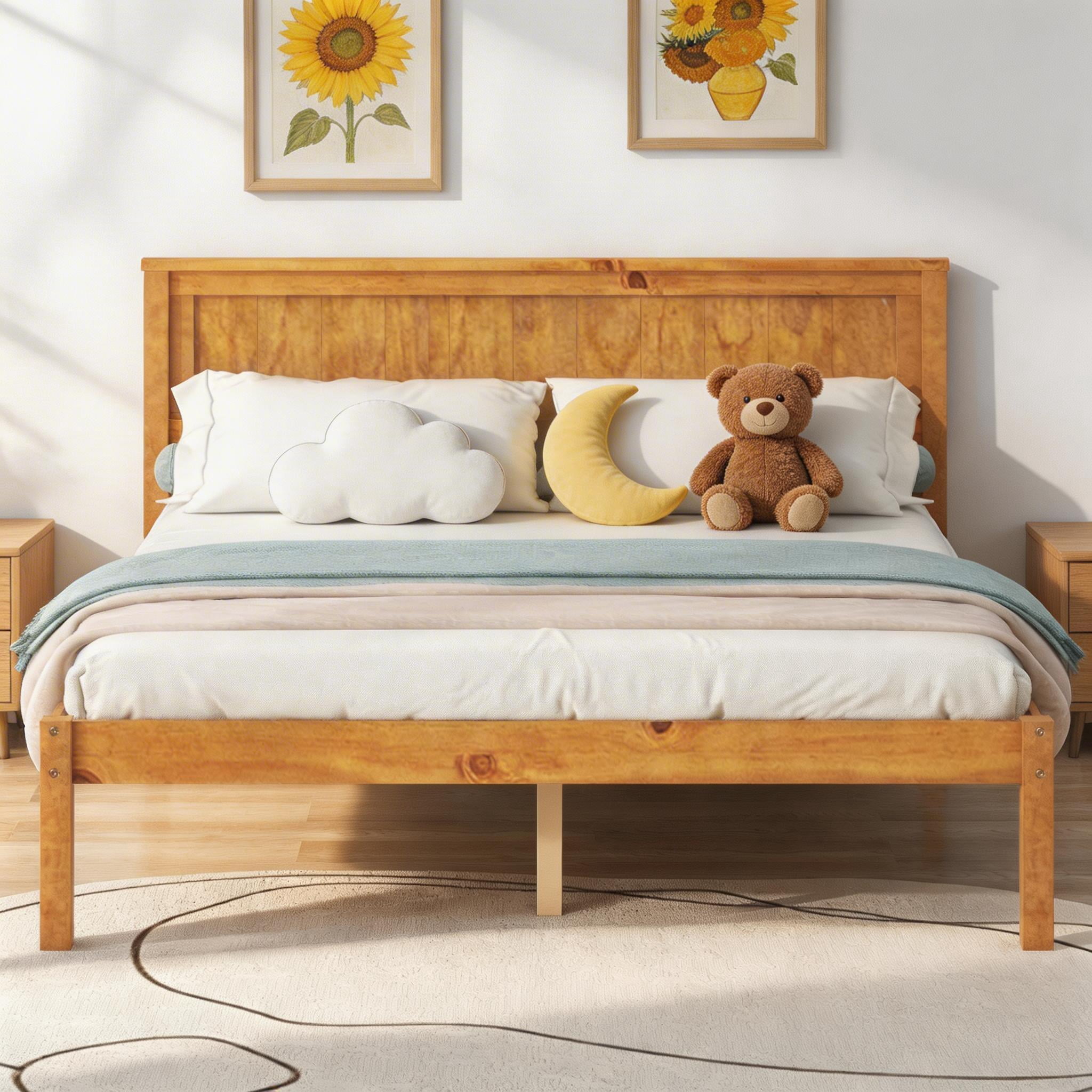 Sailvan Full Wood Platform Bed Frame with Headboard and Slat Support, No Box Spring Needed Oak