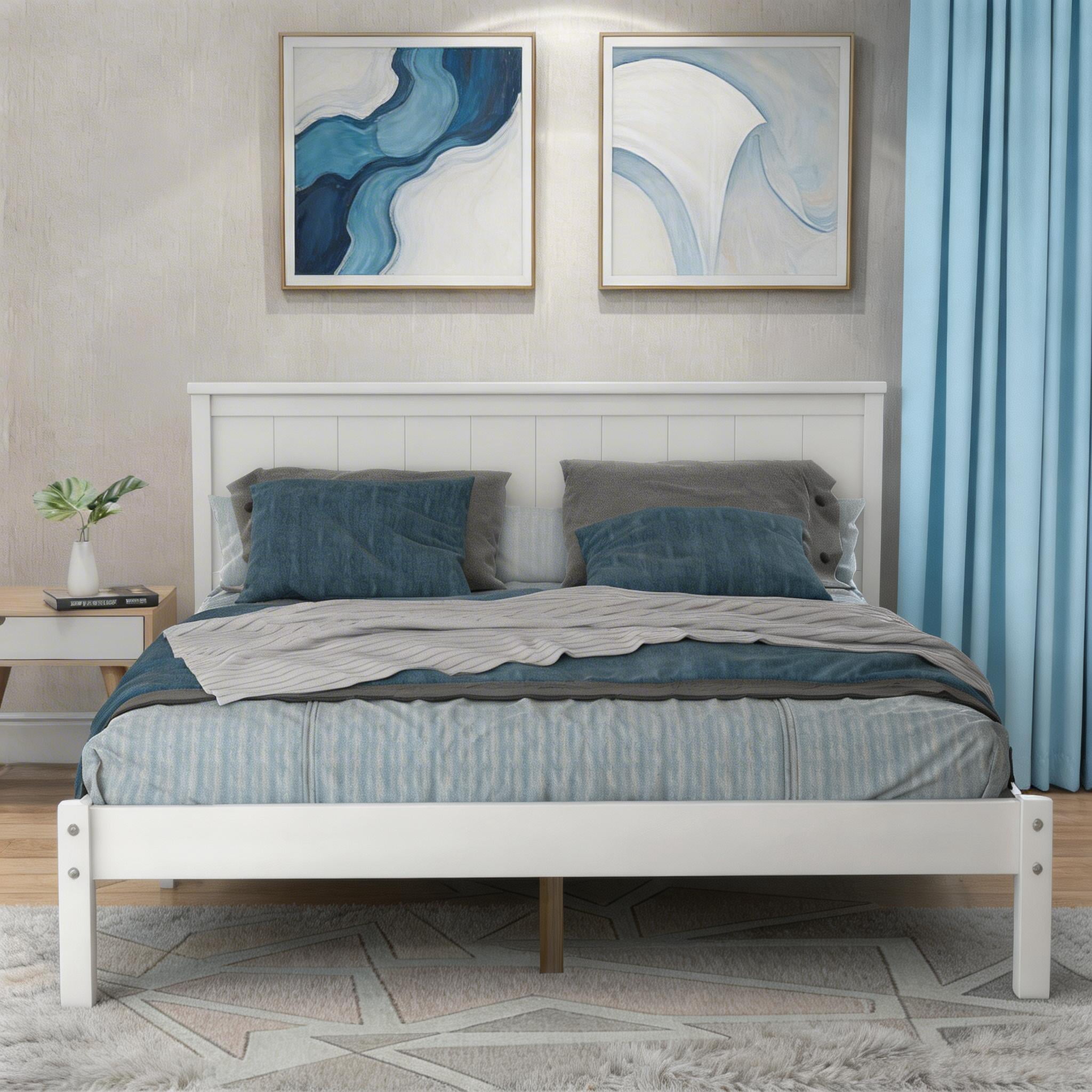 Sailvan Full Wood Platform Bed Frame with Headboard and Slat Support, No Box Spring Needed White