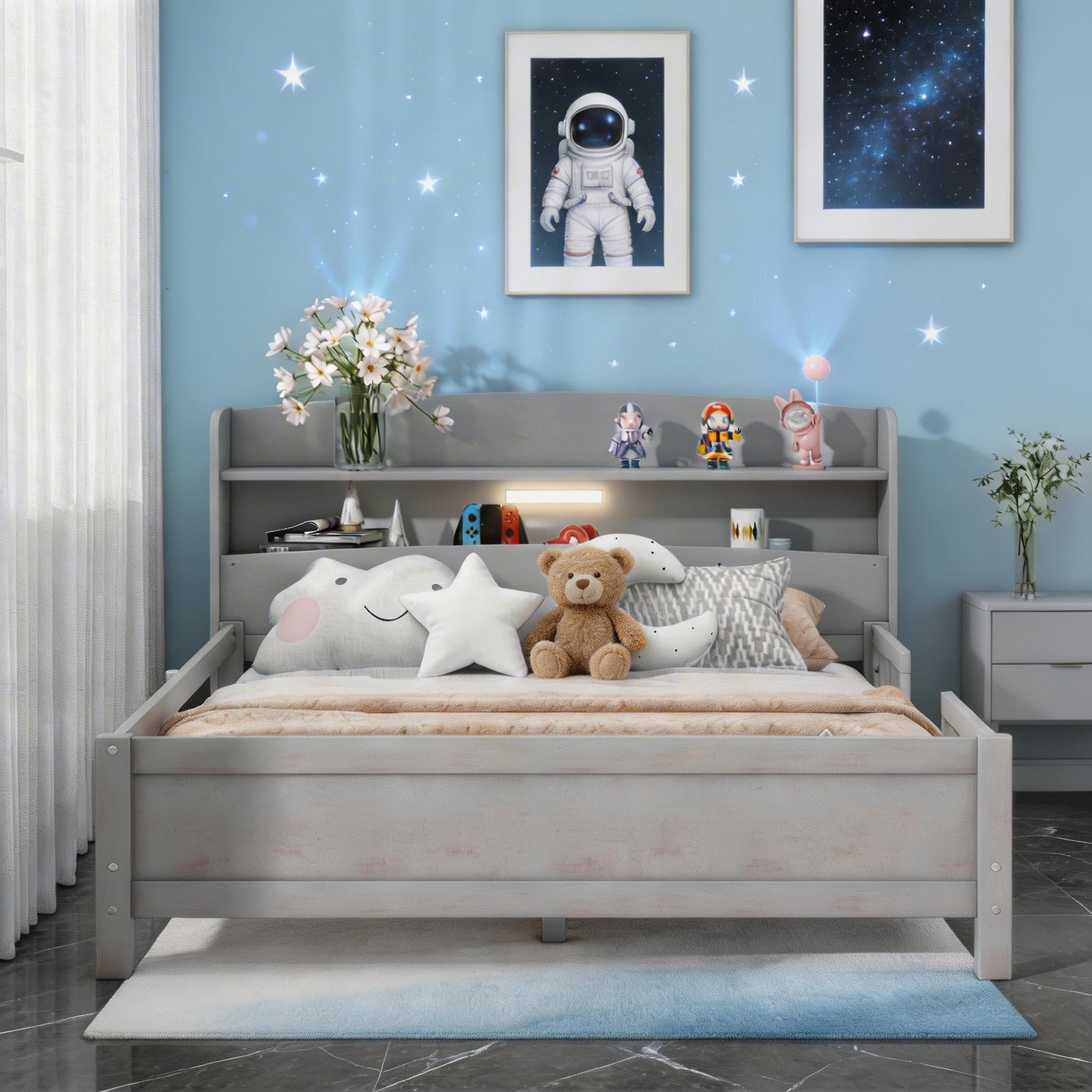 Sailvan Full Wood Platform Bed Frame with LED Light and Storage Headboard Antique Gray