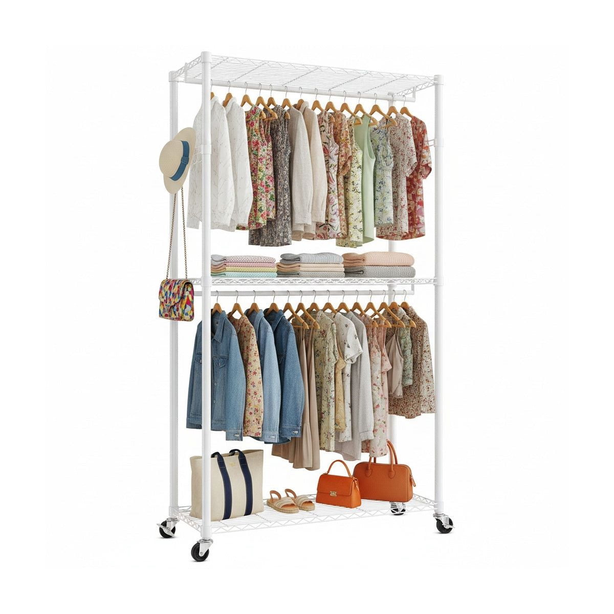 Sailvan Heavy Duty Clothing Rack with 3 Tier Adjustable Shelves, Double Rod Rolling Garment Rack, Small Space Freestanding Closet Wardrobe 16.54"D x 23.62"W x 80.71"H,White