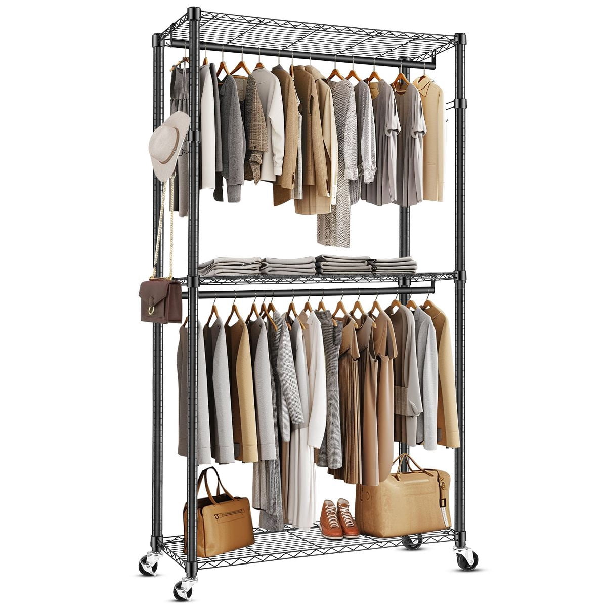 Sailvan Heavy Duty Clothing Rack with 3 Tier Adjustable Shelves, Double Rod Rolling Garment Rack, Small Space Freestanding Closet Wardrobe 16.54"D x 23.62"W x 80.71"H,Black