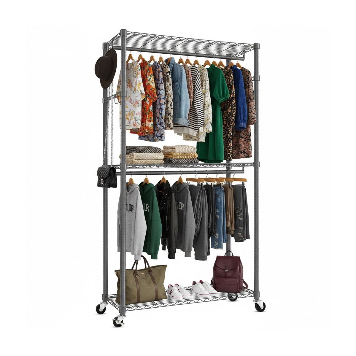Sailvan Heavy Duty Clothing Rack with 3 Tier Adjustable Shelves, Double Rod Rolling Garment Rack, Small Space Freestanding Closet Wardrobe 16.54"D x 23.62"W x 80.71"H,Gray