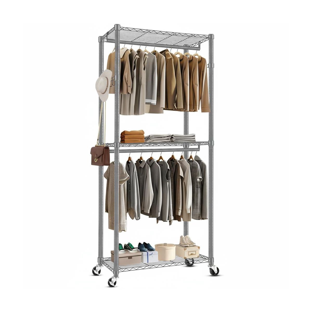 Sailvan Heavy Duty Clothing Rack with 3 Tier Adjustable Shelves, Double Rod Rolling Garment Rack, Small Space Freestanding Closet Wardrobe 16.54"D x 35.43"W x 80.71"H,Gray