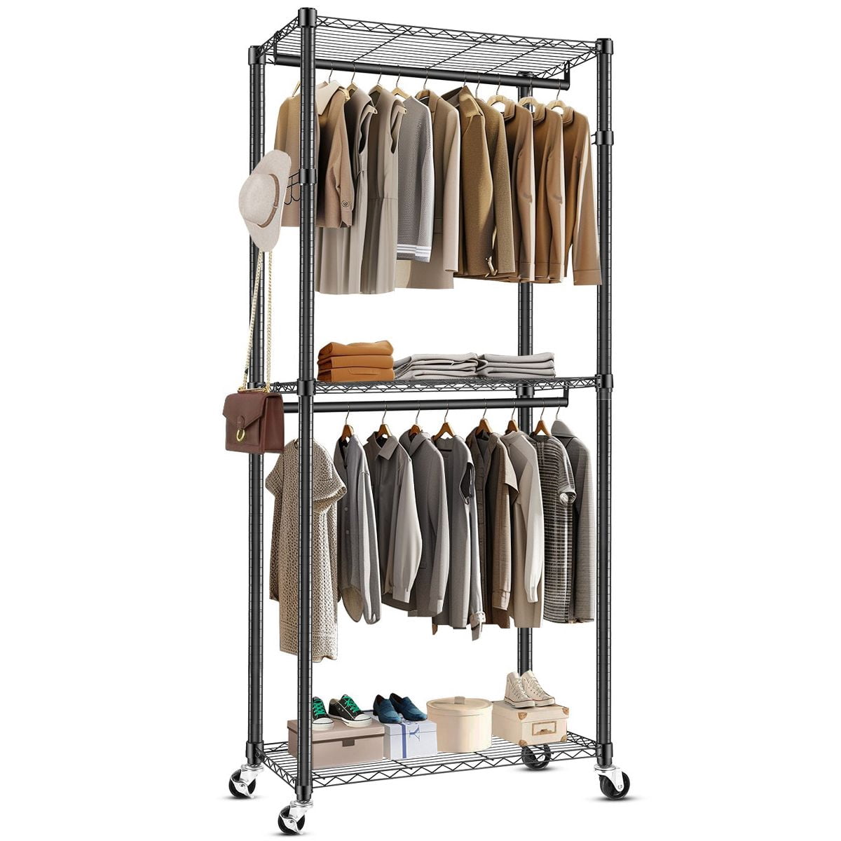 Sailvan Heavy Duty Clothing Rack with 3 Tier Adjustable Shelves, Double Rod Rolling Garment Rack, Small Space Freestanding Closet Wardrobe 16.54"D x 35.43"W x 80.71"H,Black