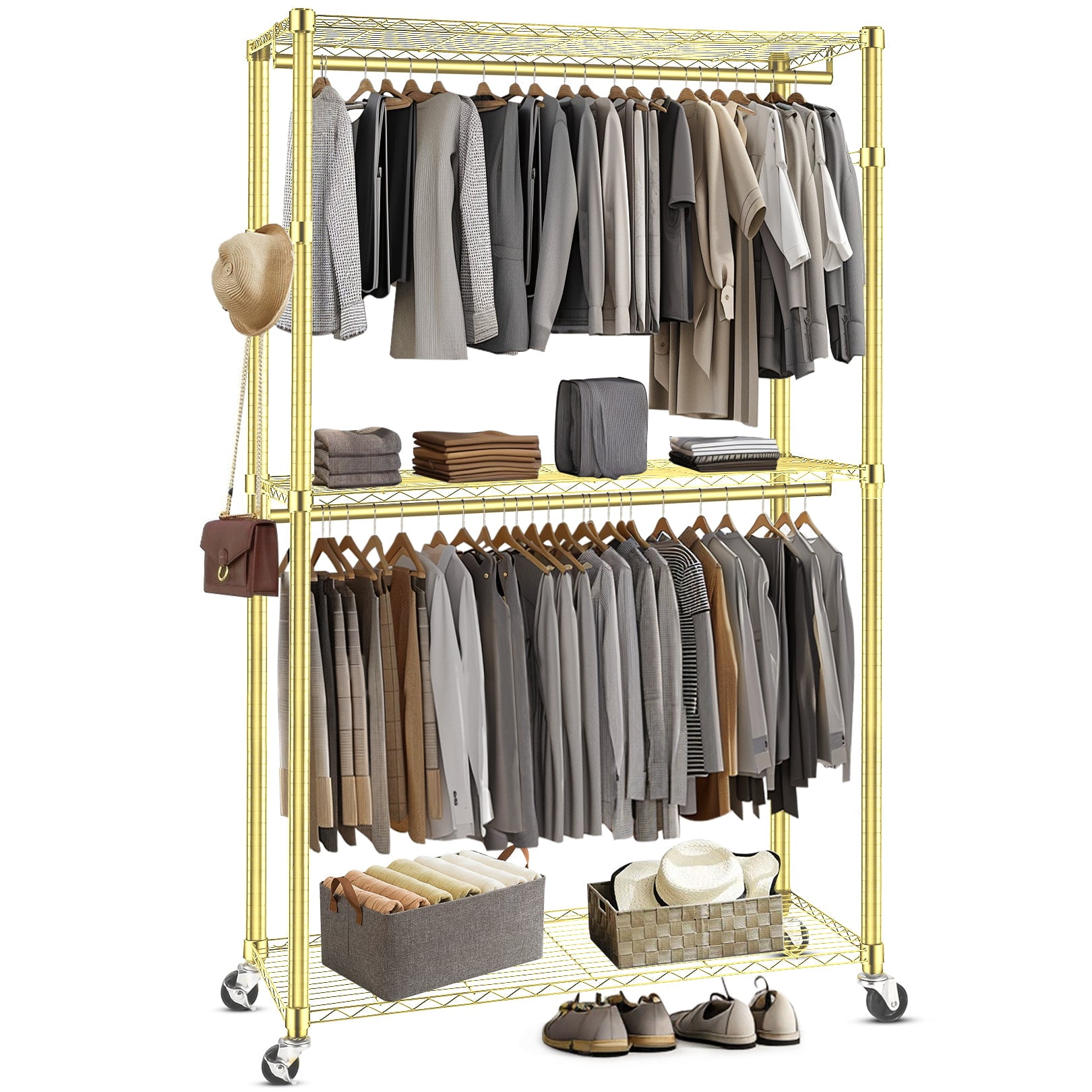 Sailvan Heavy Duty Clothing Rack with 3 Tier Adjustable Shelves, Double Rod Rolling Garment Rack, Small Space Freestanding Closet Wardrobe 17.72" D x 47.24" W x 80.71" H,Gold