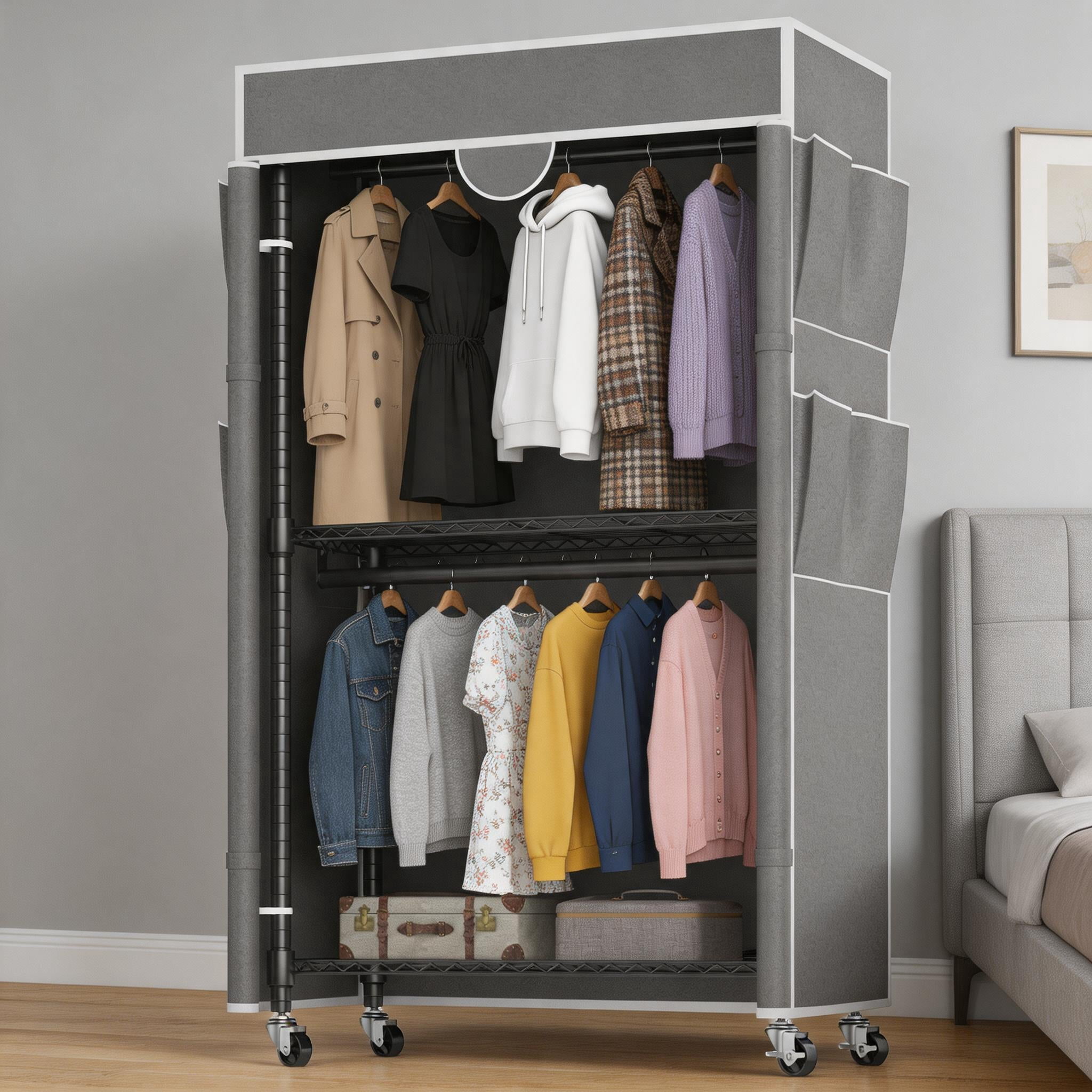 Sailvan Heavy Duty Clothing Rack with Cover, Portable Closet Wardrobe with Double Hanging Rods and Wheels, 3-Tier Storage Shelves,Gray