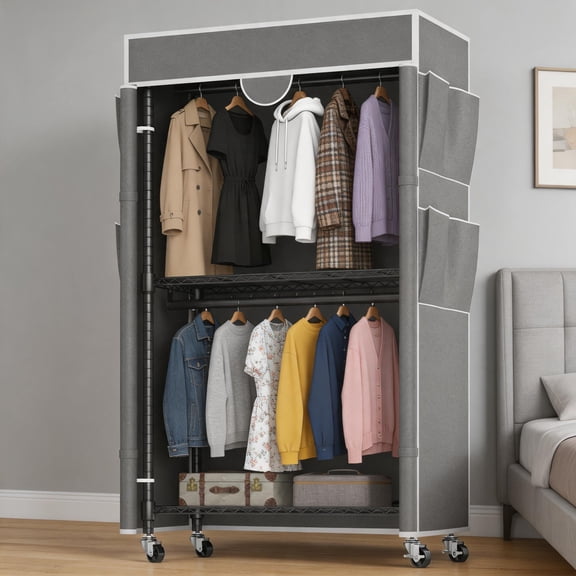 Sailvan Heavy Duty Clothing Rack with Cover, Portable Closet Wardrobe with Double Hanging Rods and Wheels, 3-Tier Storage Shelves,Gray