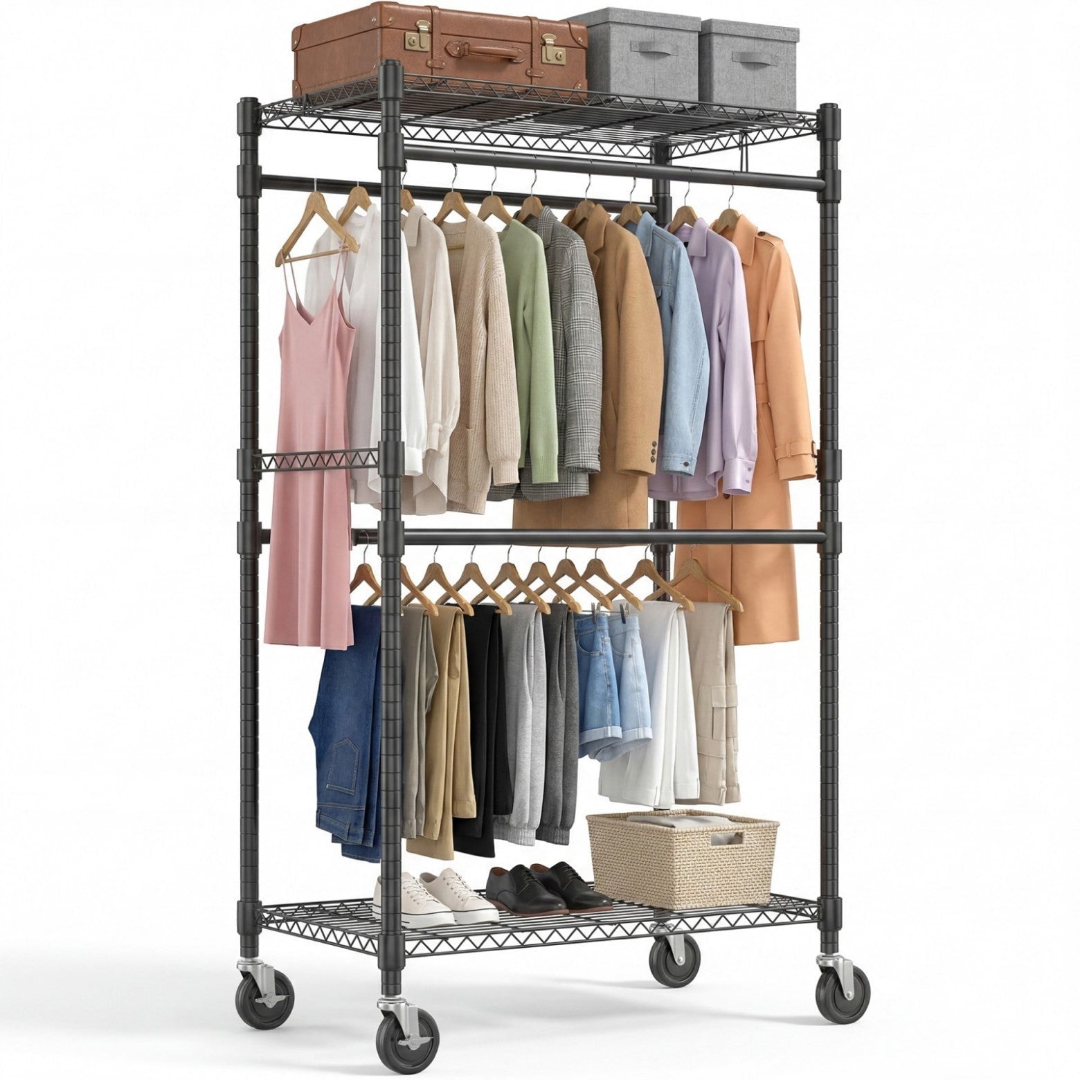 Sailvan Heavy Duty Rolling Clothing Rack, 300LBS Capacity Garment Rack with 4 Hanging Rods & 2 Shelves, Portable Closet, 35.5"W x 80"H,Black