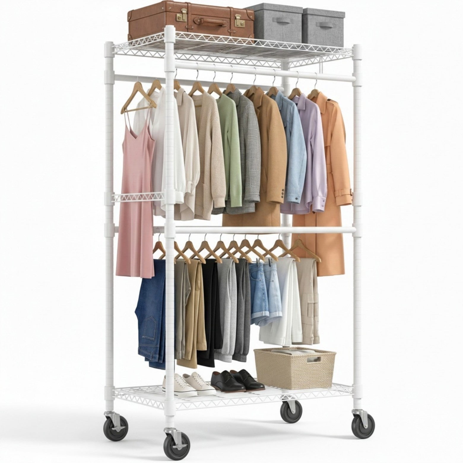 Sailvan Heavy Duty Rolling Clothing Rack, 300LBS Capacity Garment Rack with 4 Hanging Rods & 2 Shelves, Portable Closet, 35.5"W x 80"H,White