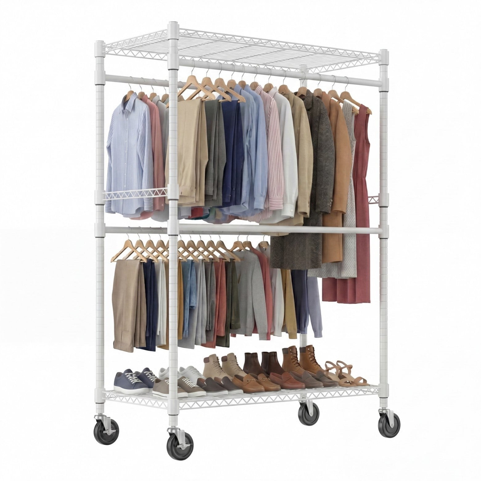 Sailvan Heavy Duty Rolling Clothing Rack, 360LBS Capacity Garment Rack with 4 Hanging Rods & 2 Shelves, Portable Closet, 45"W x 80"H,White