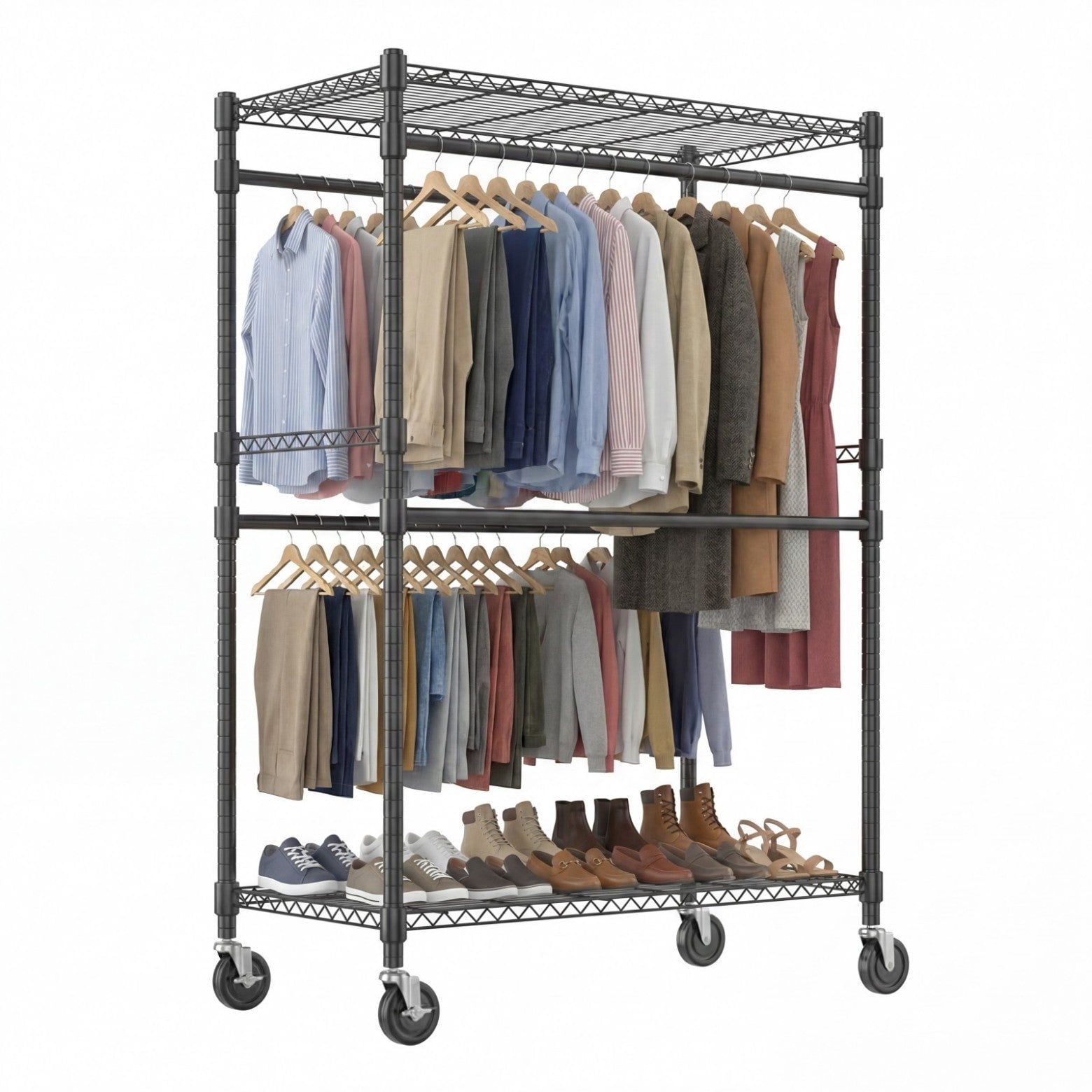 Sailvan Heavy Duty Rolling Clothing Rack, 580LBS Capacity Garment Rack with 4 Hanging Rods & 2 Shelves, Portable Closet, 45"W x 80"H,Black