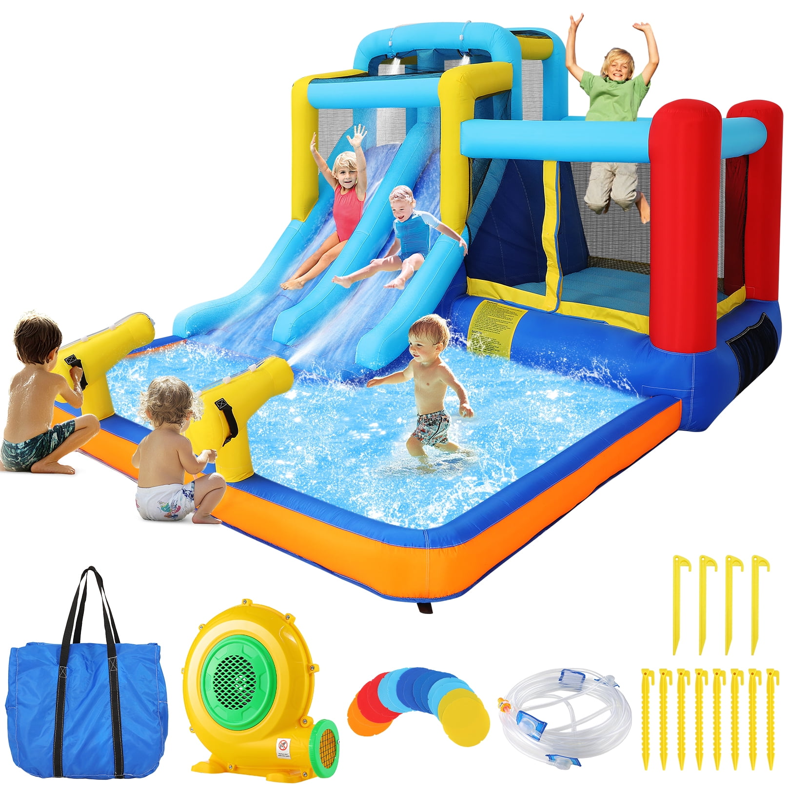 Sailvan Inflatable Bounce House for Kids with Large Splashing Pool, 146 x 132 x 82 inch Indoor/Outdoor Bouncy Bouncing Area, Included 2 Water Slides Climbing Wall Blower