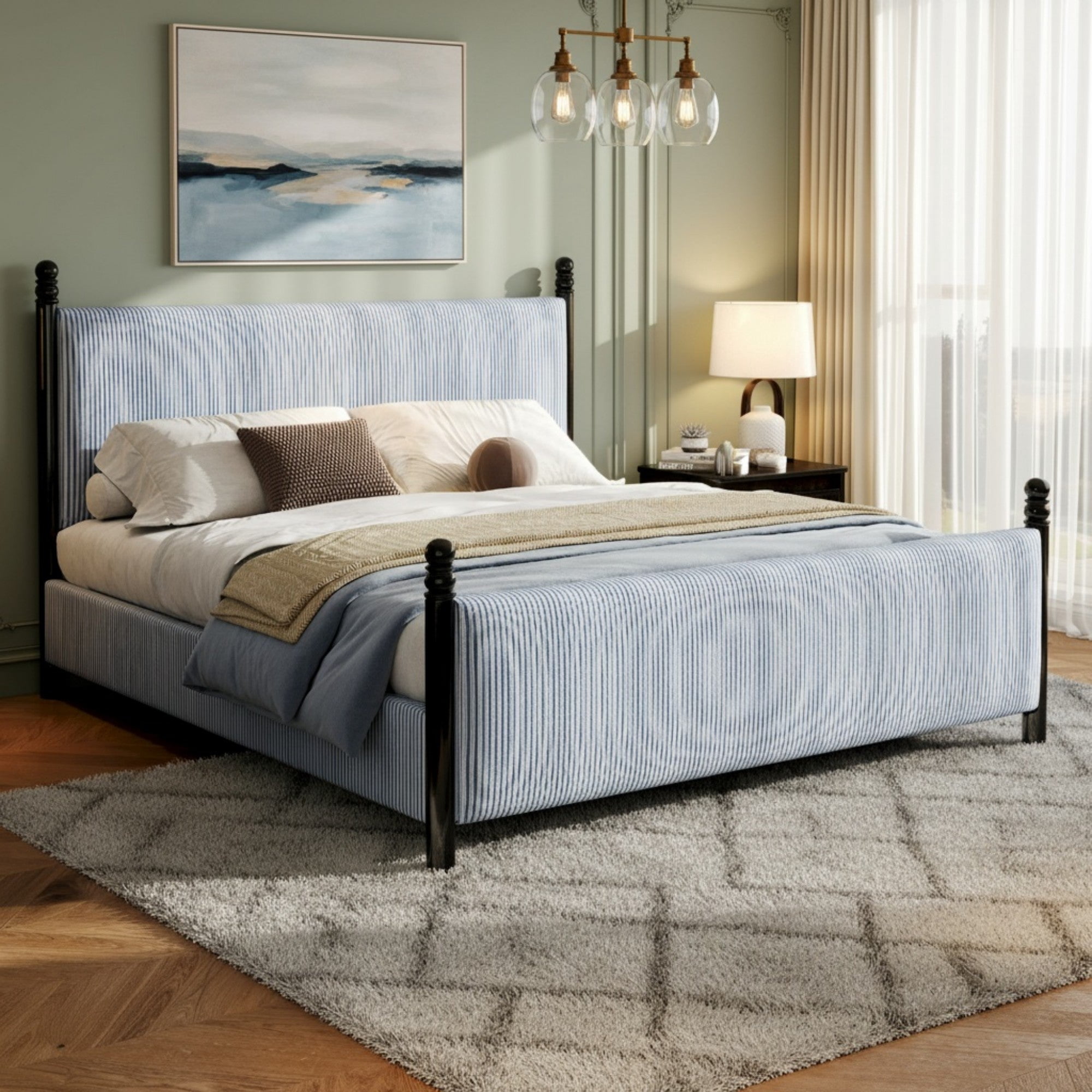 Sailvan King 48" High Headboard Upholstered Bed Frame,Striped Rubberwood Platform Bed with Solid Wood Legs,Mid-Century Modern Style,800lb Cap