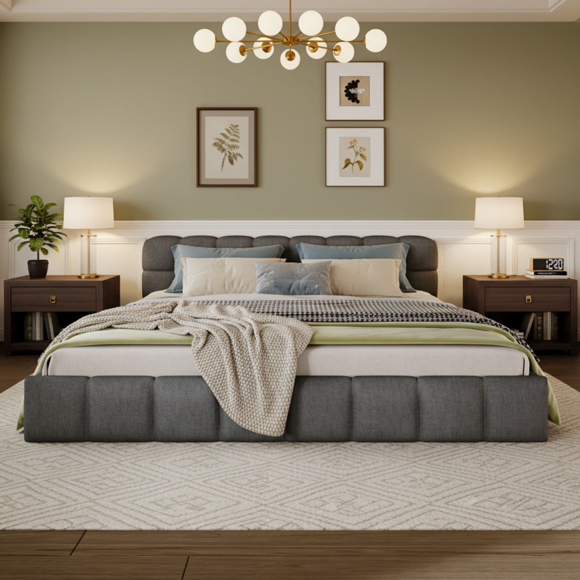 Sailvan King Chenille Upholstered Bed Frame,Modern Checkerboard Pattern Headboard,Soft Grey Fabric Platform Bed