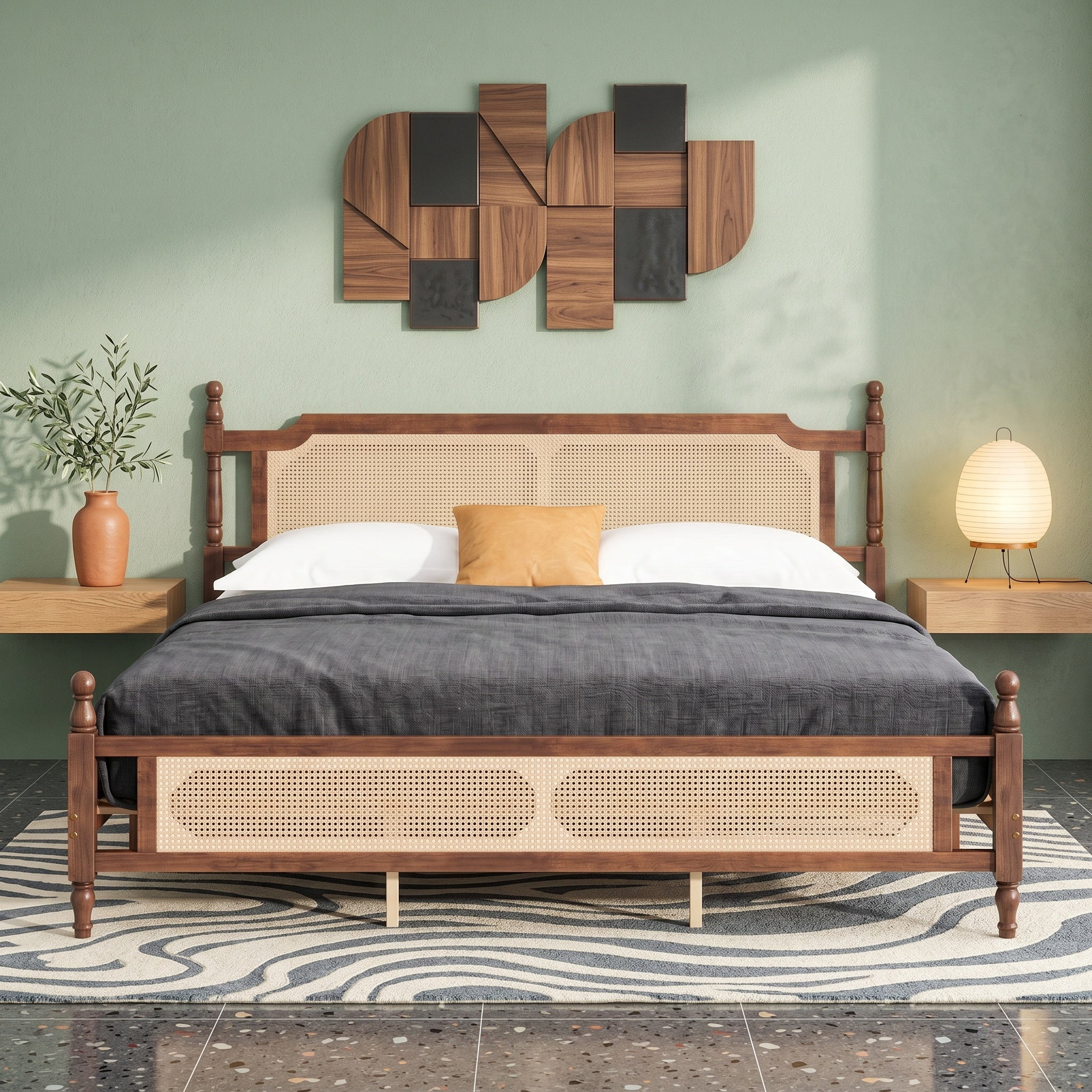 Sailvan King Pine wooden Bed with Rattan Headboard and Footboard, Central Enhanced Bed Platform