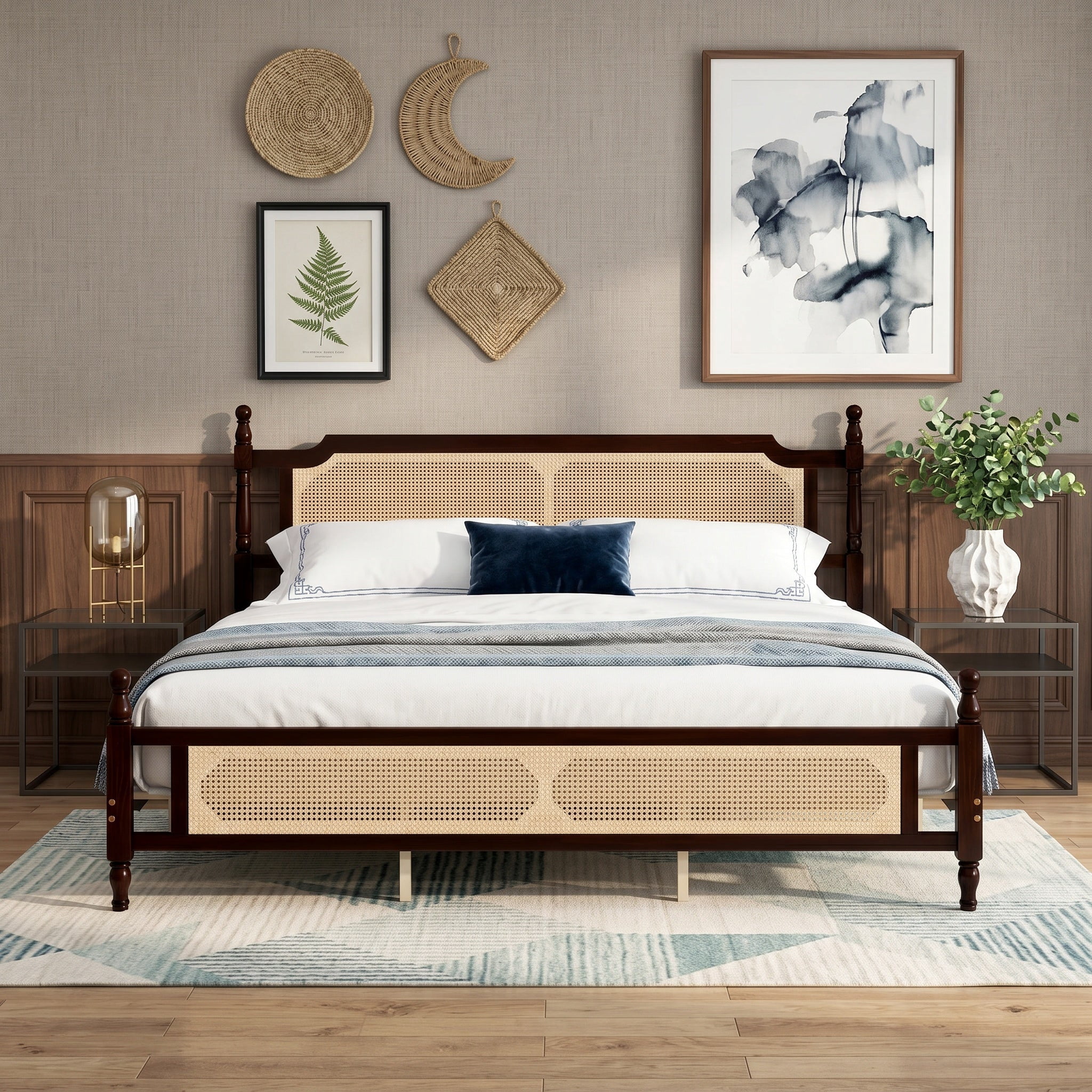 Sailvan King Pine wooden Bed with Rattan Headboard and Footboard, Central Enhanced Bed Platform