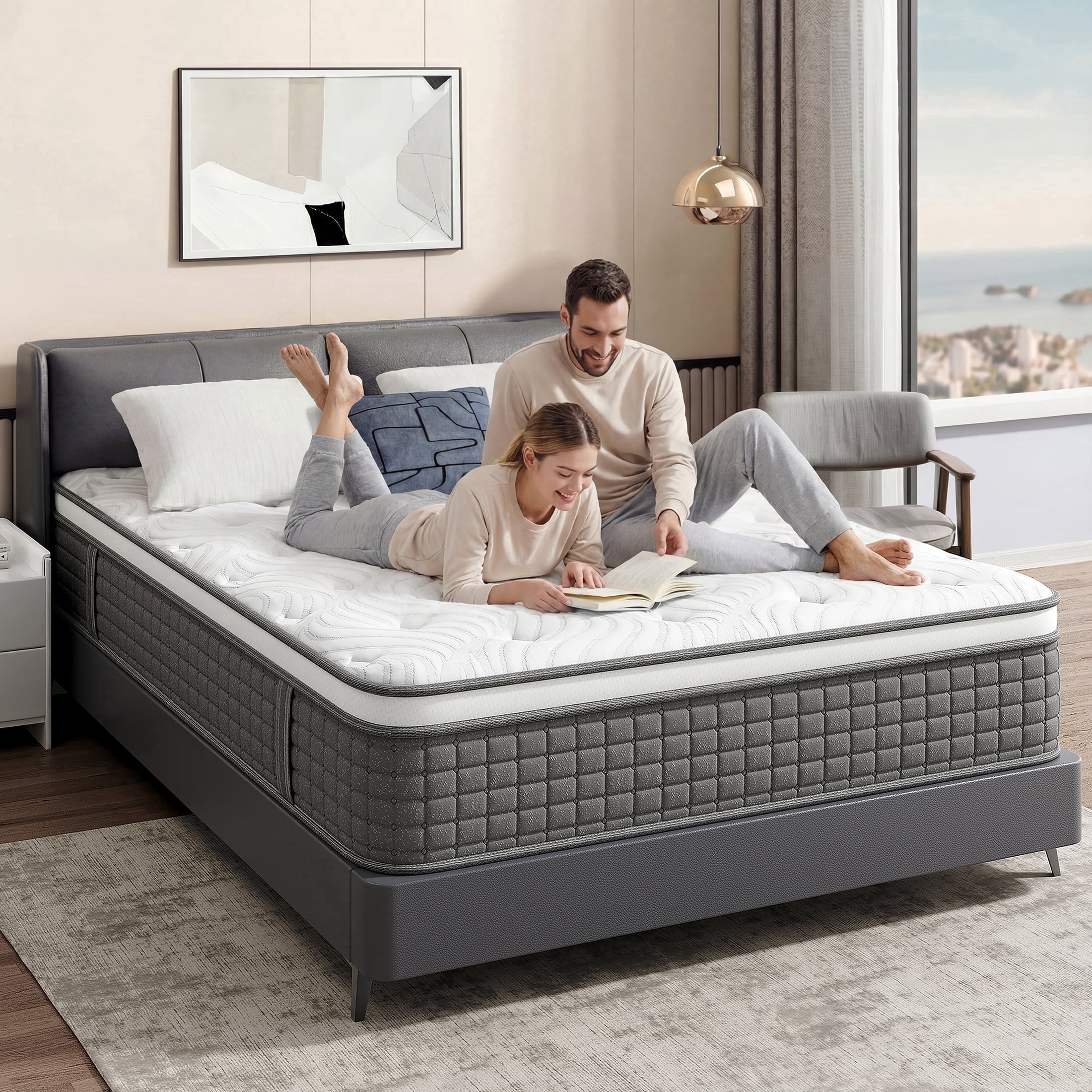 Sailvan 12-Inch King Size Mattress in a Box, Hybrid Medium-Firm Support Mattress with Cooling Gel Memory Foam,Motion Isolation, CertiPUR-US Certification,and Pressure Relief,Gray