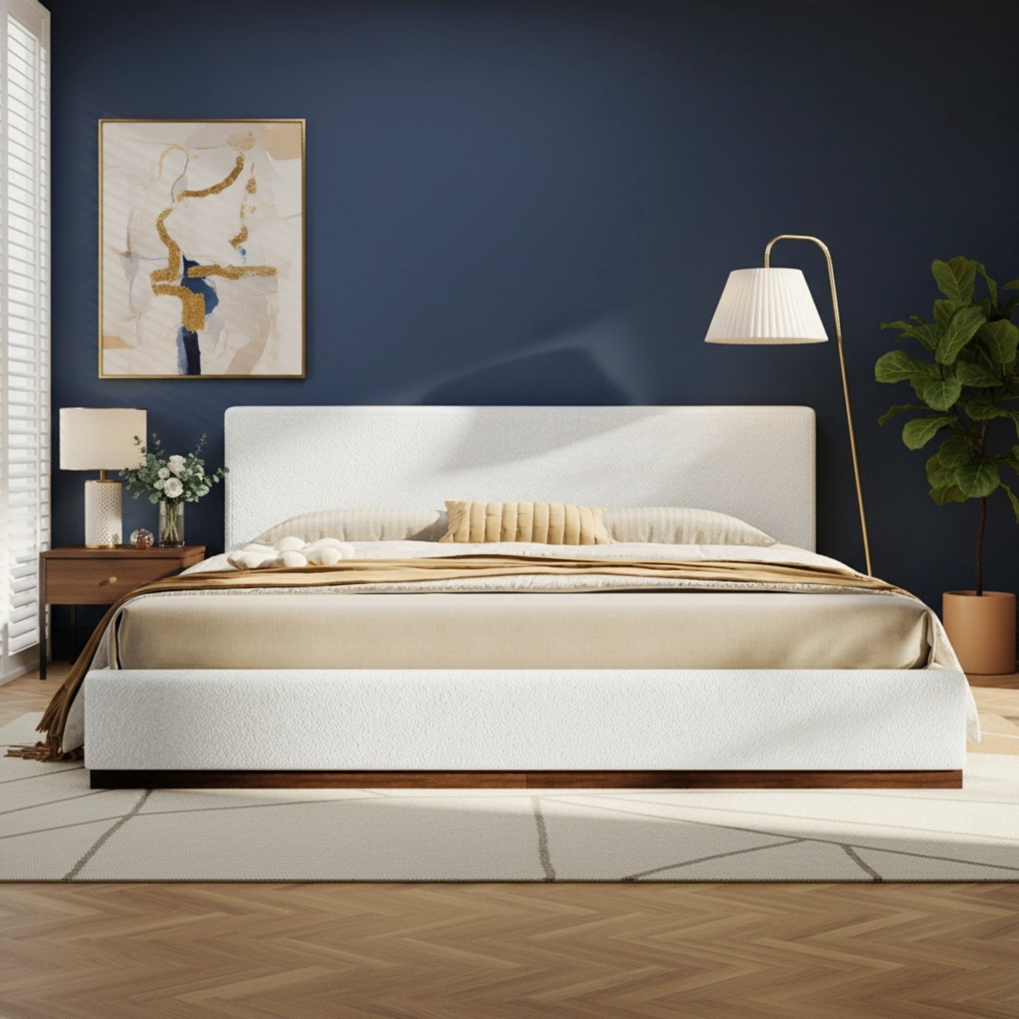 Sailvan King Upholstered Platform Bed Frame with Solid Wood Base,Elegant White Fabric Bed with Wood Grain Texture,Sturdy Slat Support,White