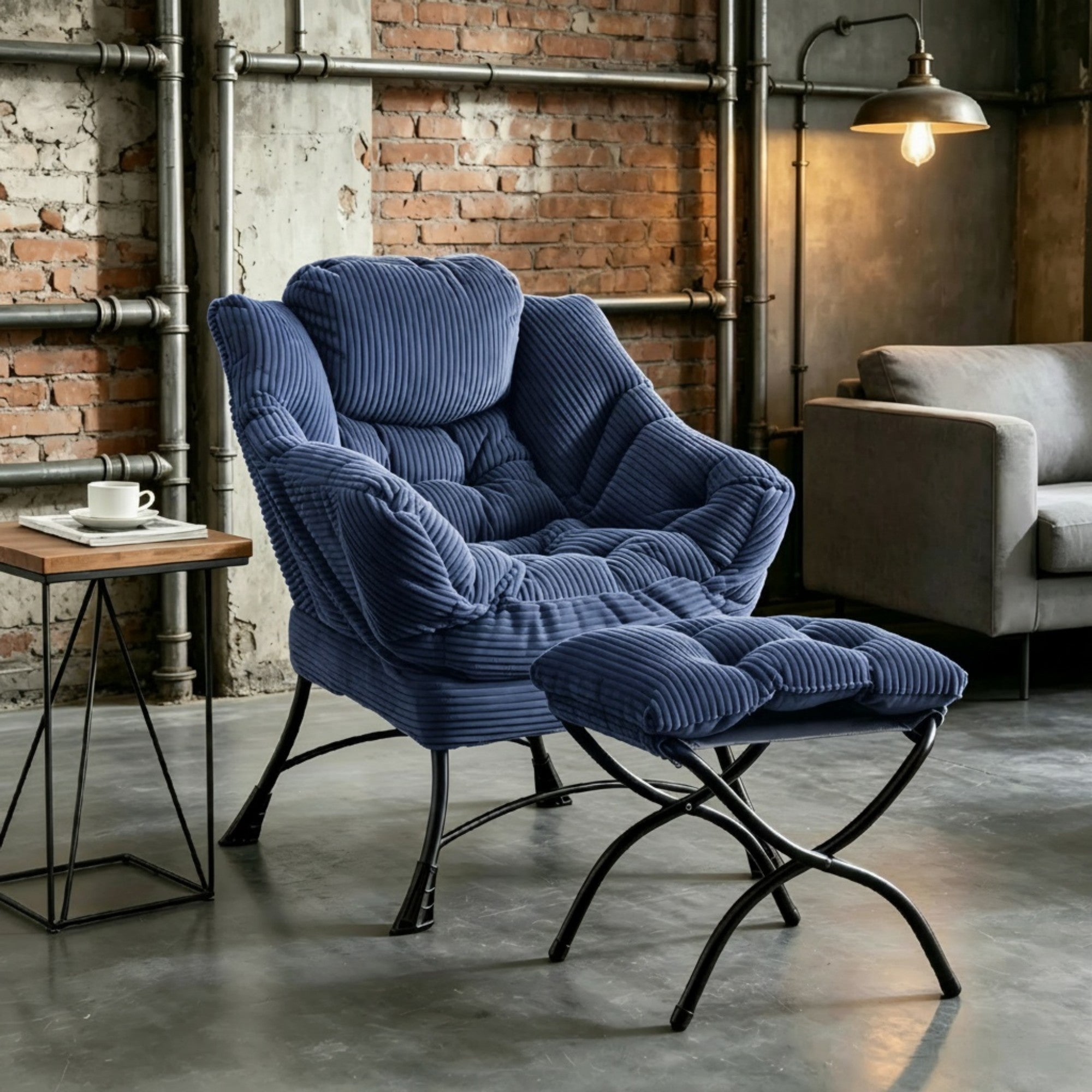 Sailvan Lazy Chair with Ottoman,Modern Lounge Accent Chair with Side Pocket and Footrest,Soft Reading Chair for Small Space Navy Blue